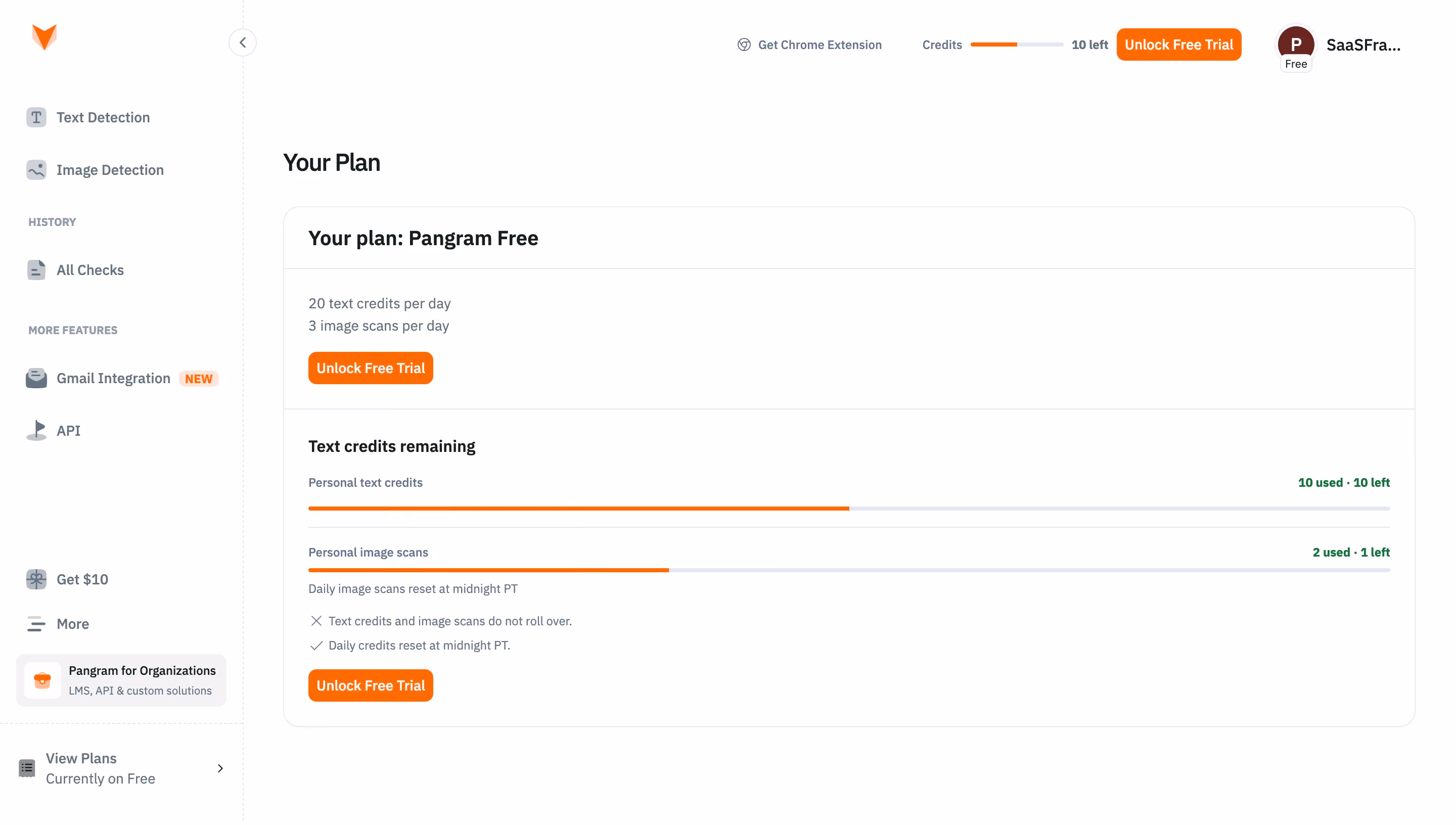 Pangram Plan and remaining credits