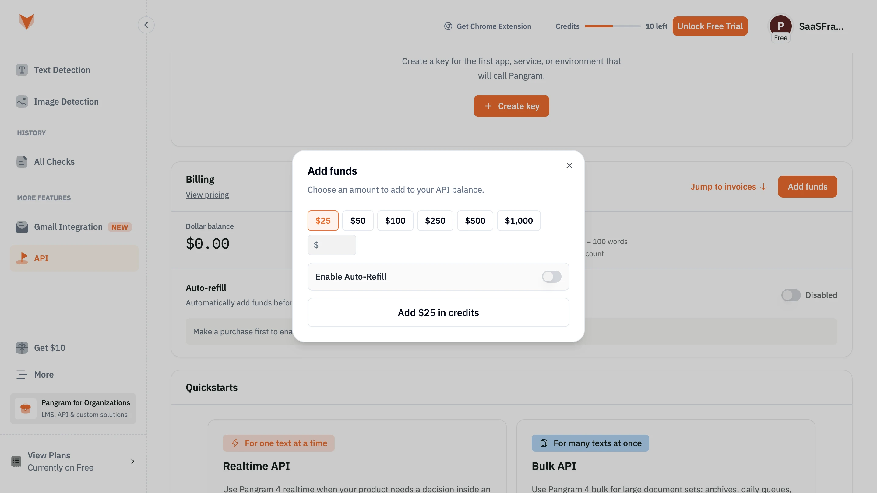 Pangram Add API credits