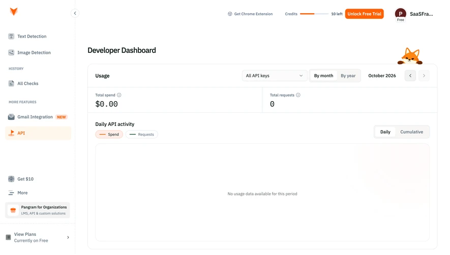Pangram Developer dashboard