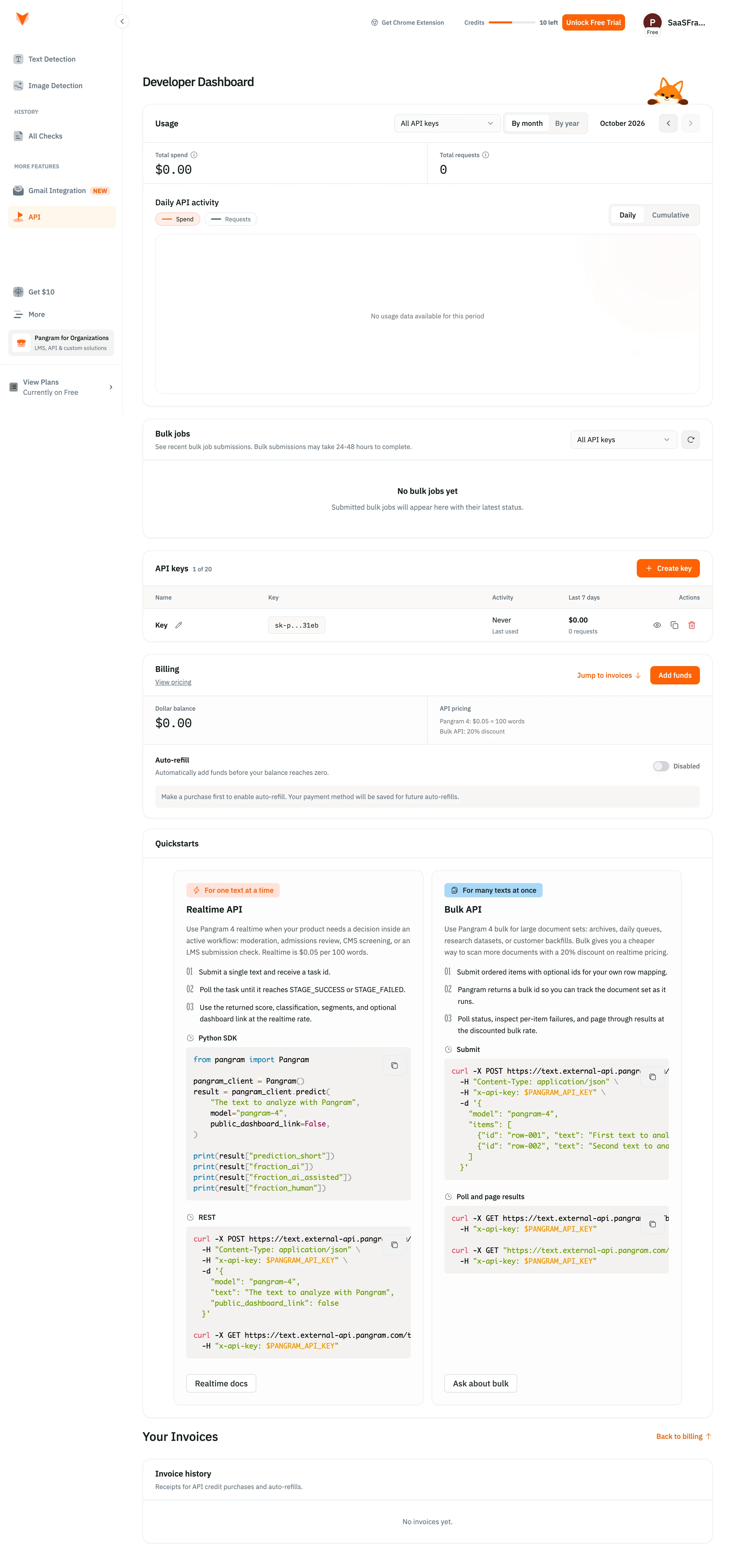 Pangram Developer dashboard