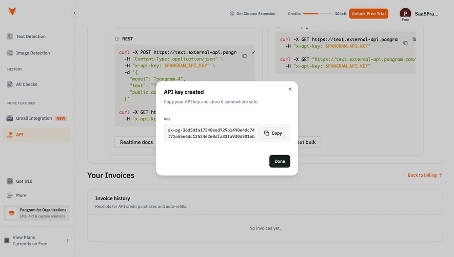 Pangram API key created