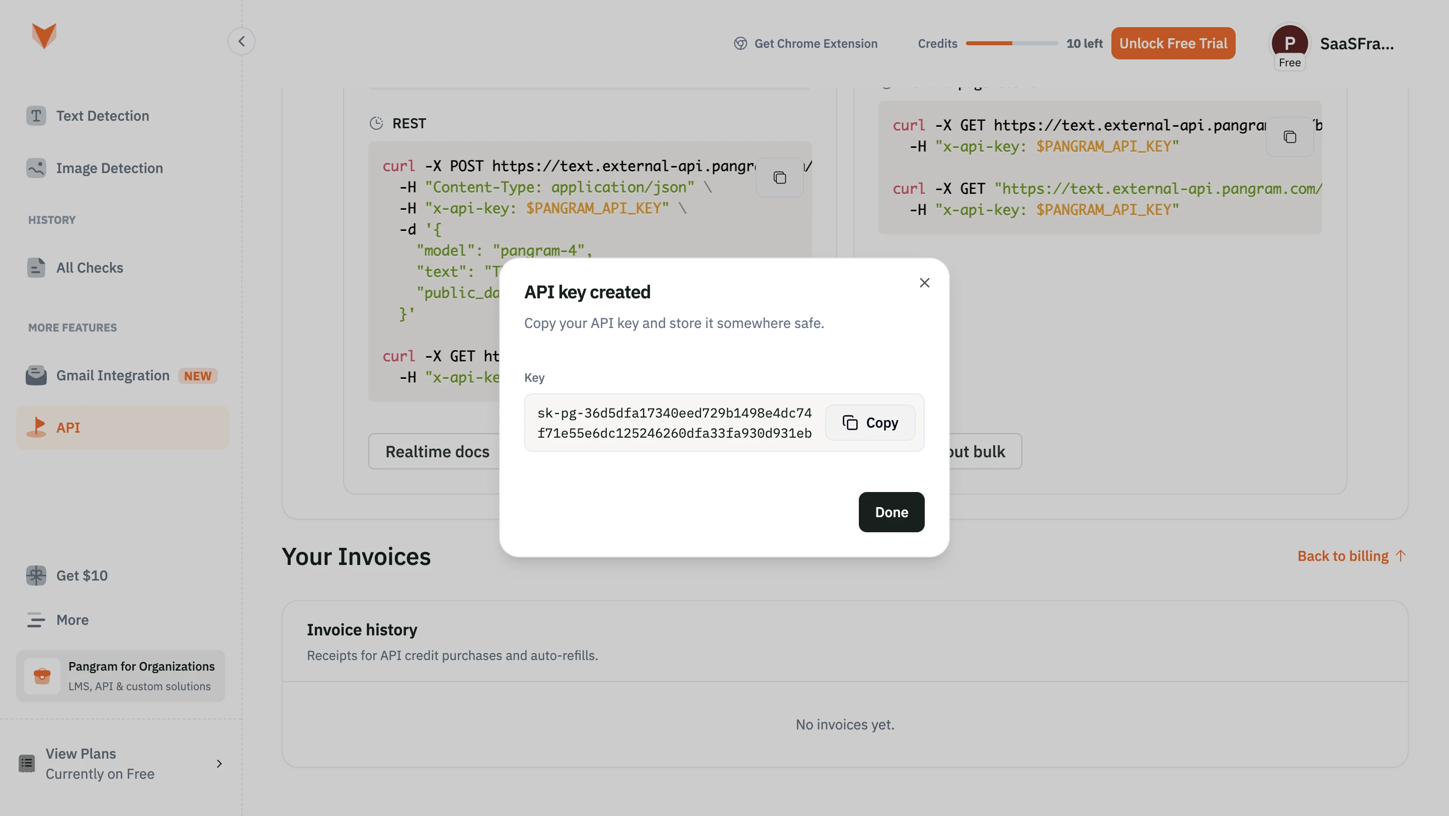 Pangram API key created