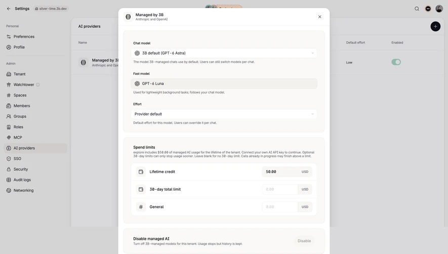 Tines AI Model & Spend Settings