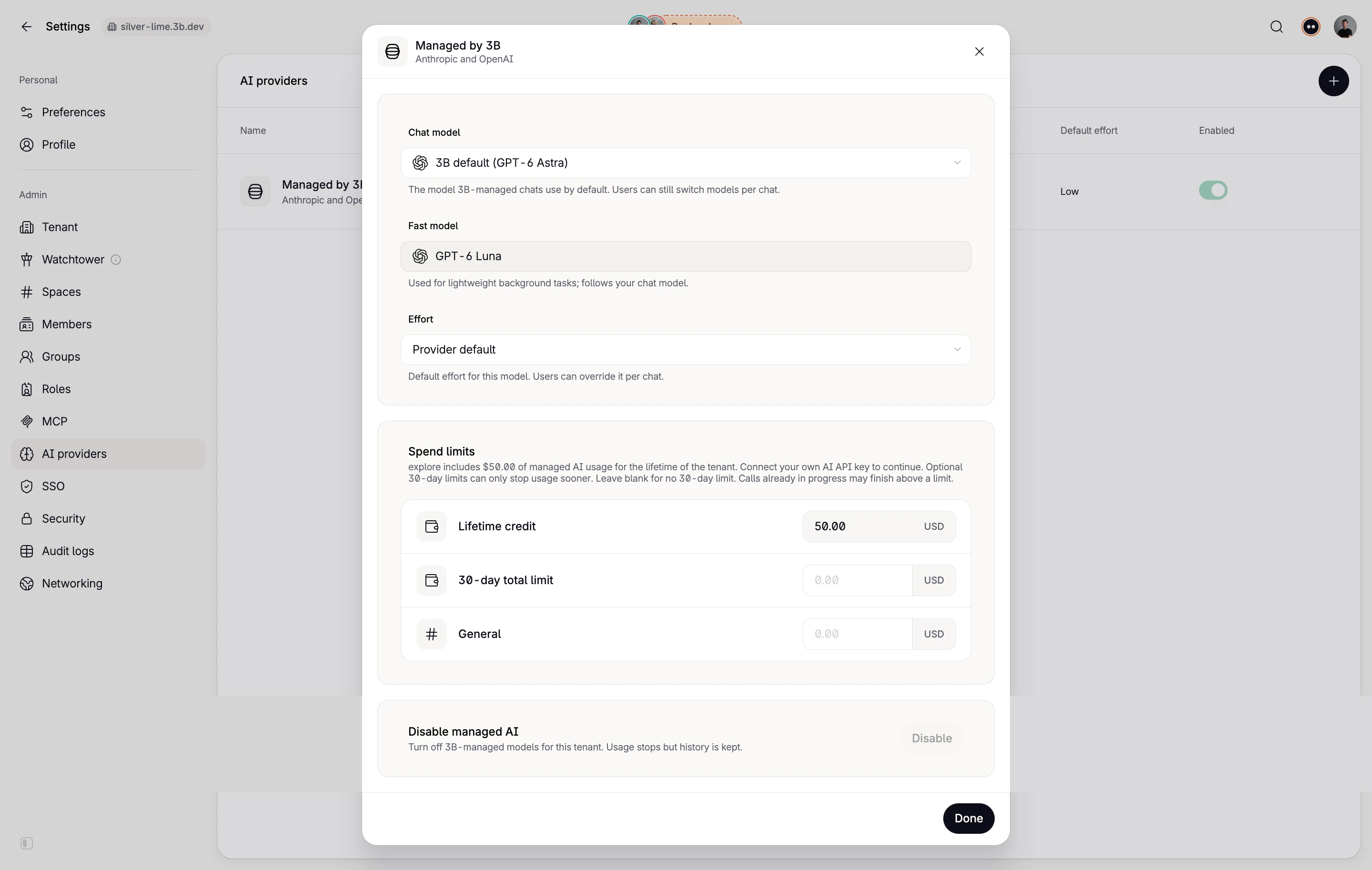 Tines AI Model & Spend Settings