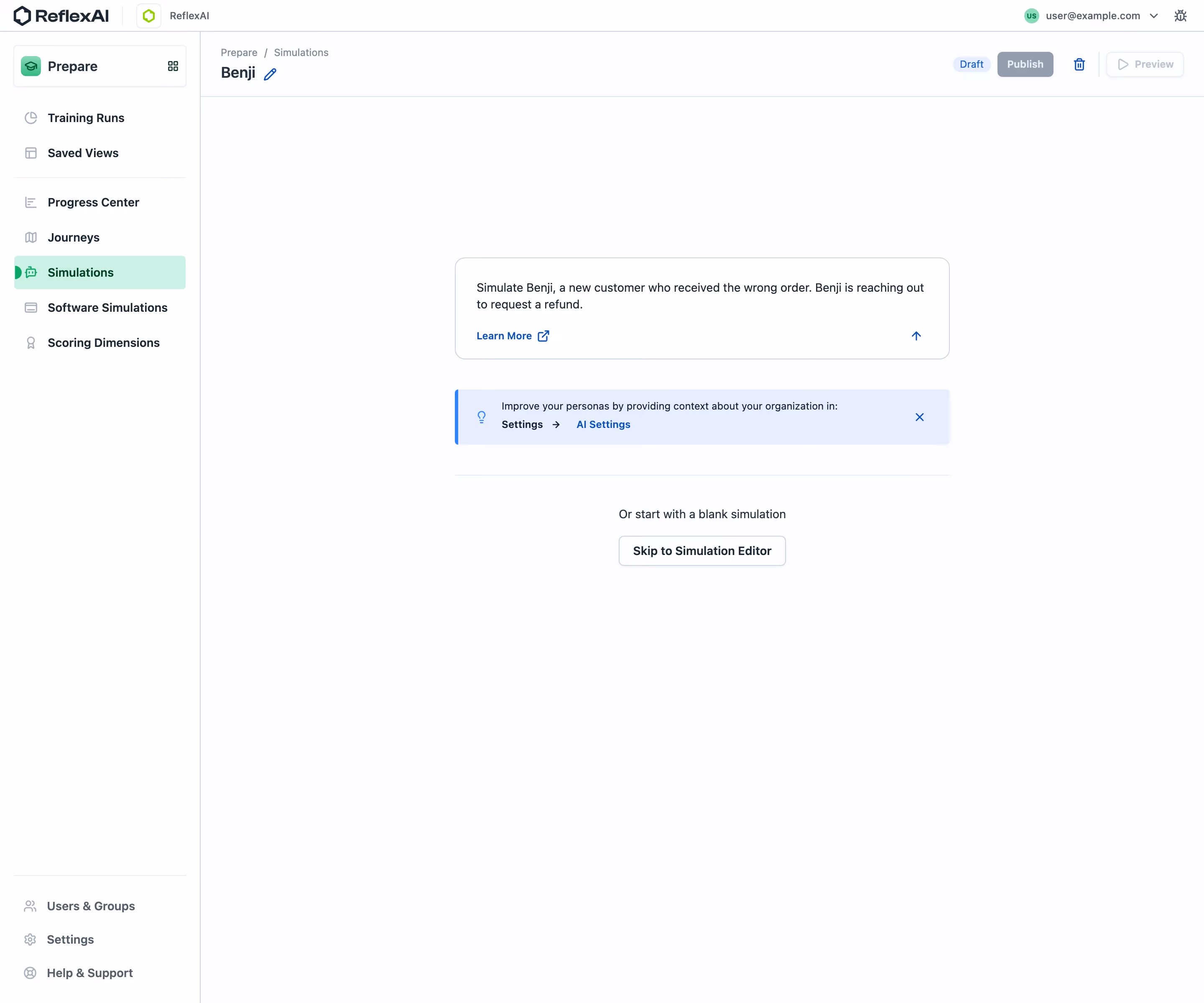 ReflexAI Simulation setup choice