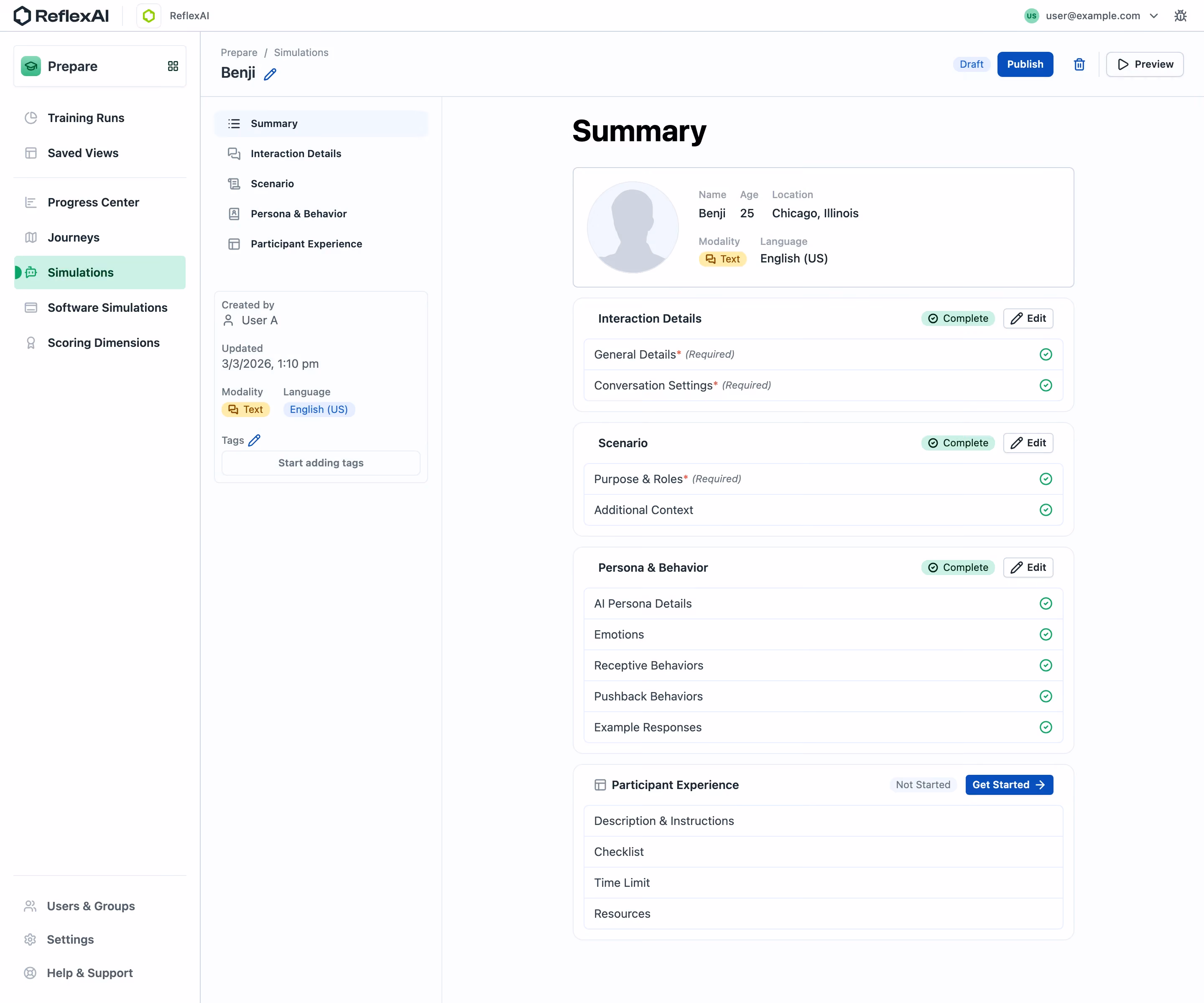 ReflexAI AI persona configuration summary