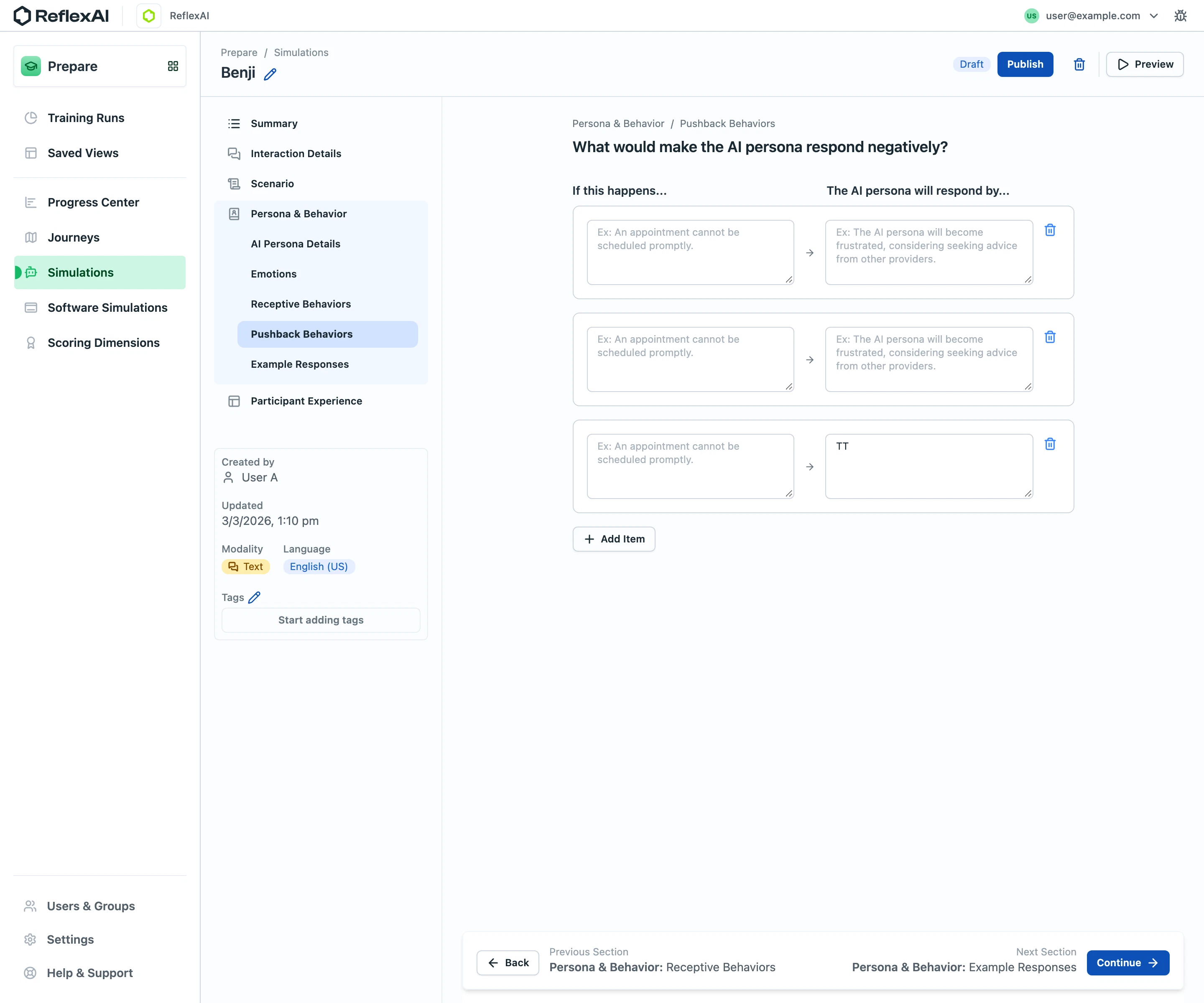 ReflexAI AI persona participant behaviors editor