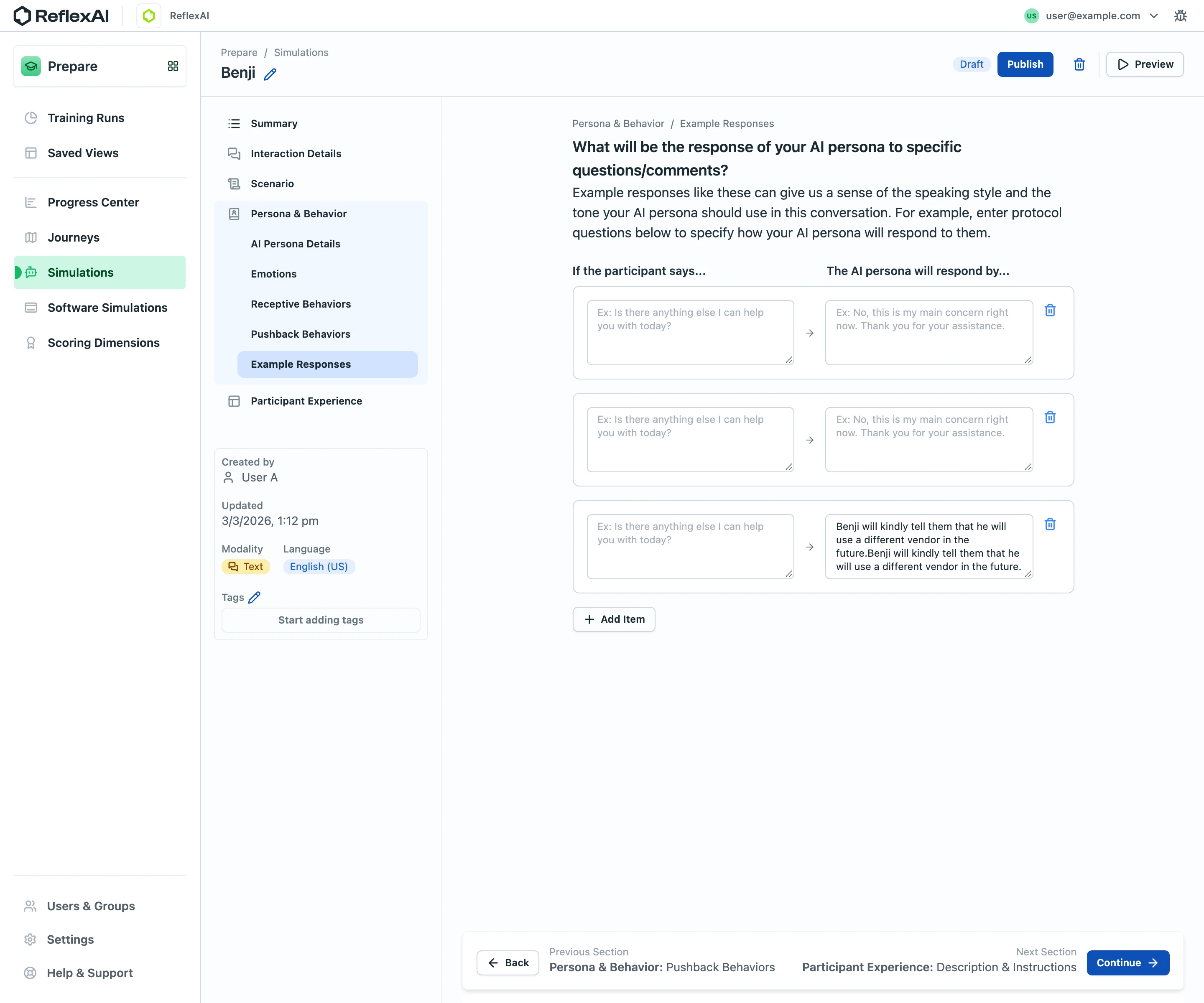 ReflexAI AI persona example responses editor