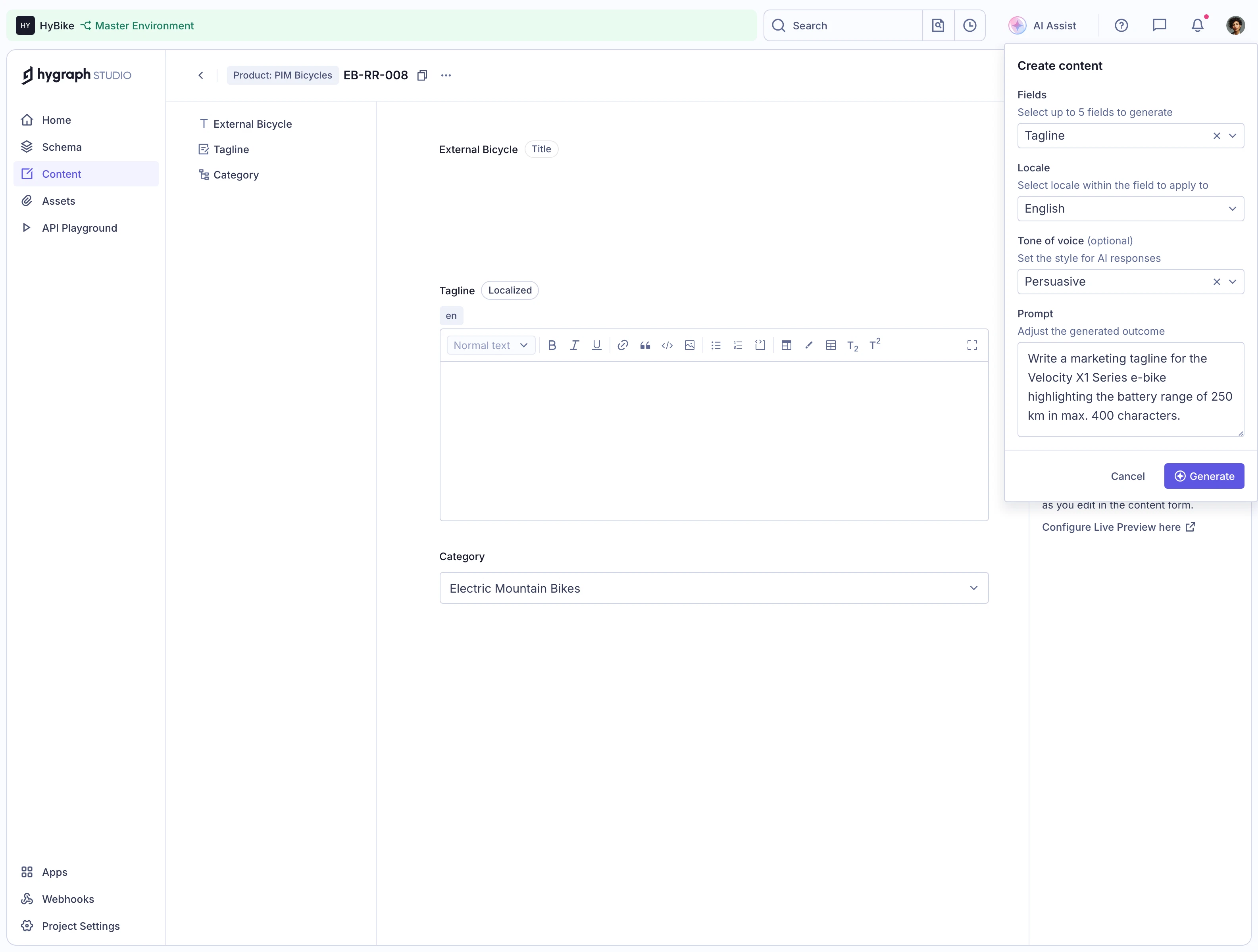 GraphCMS AI content generation prompt