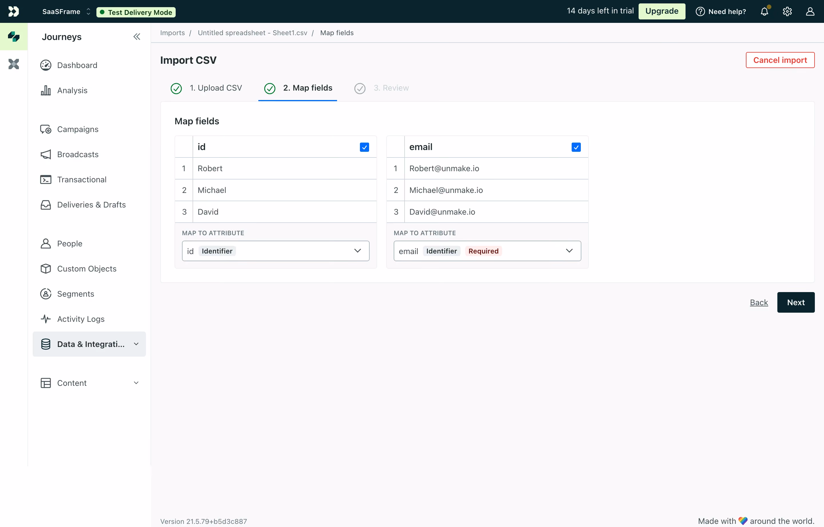 Customer.io Data Import Mapping