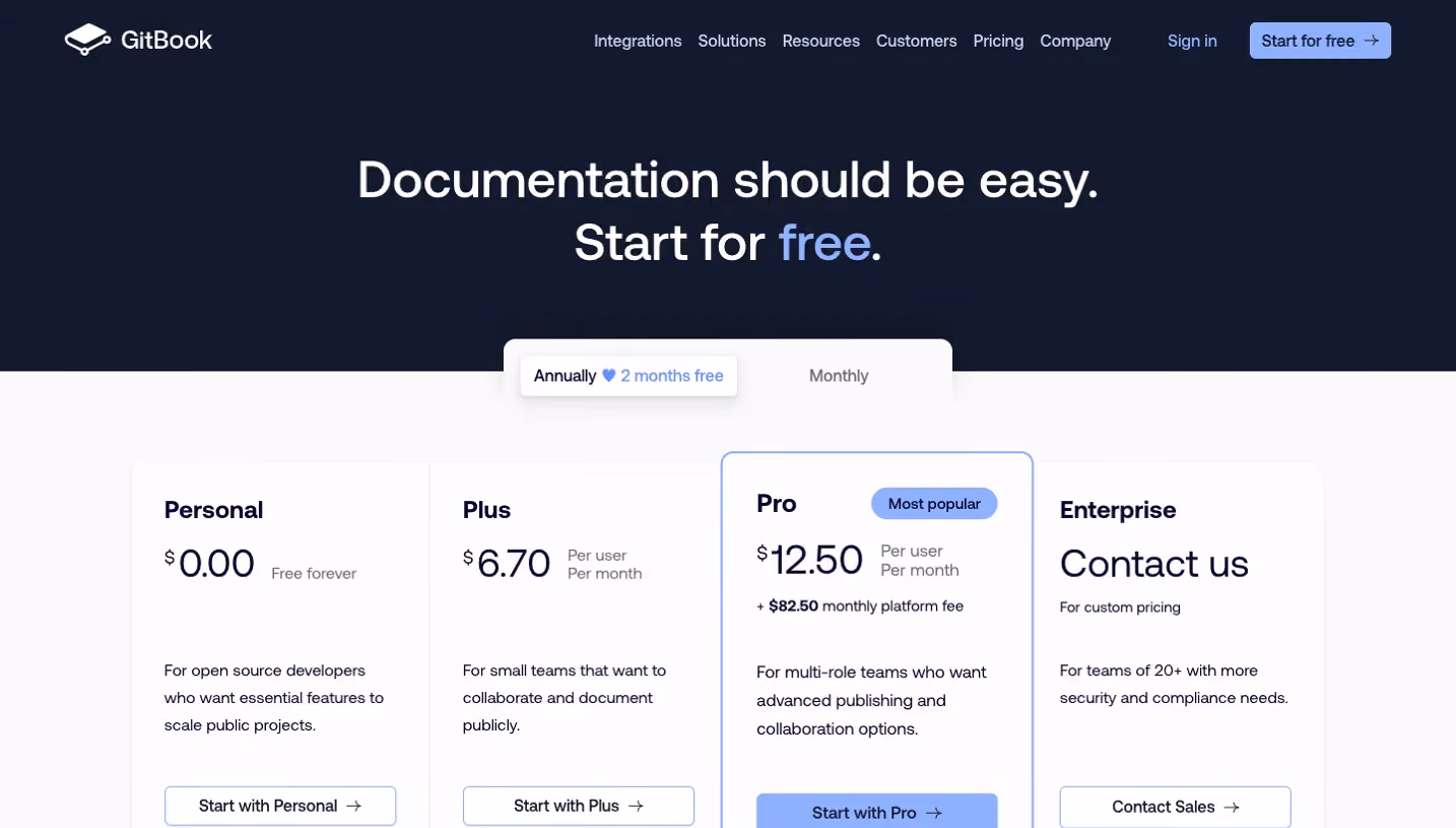 GitBook Pricing Page
