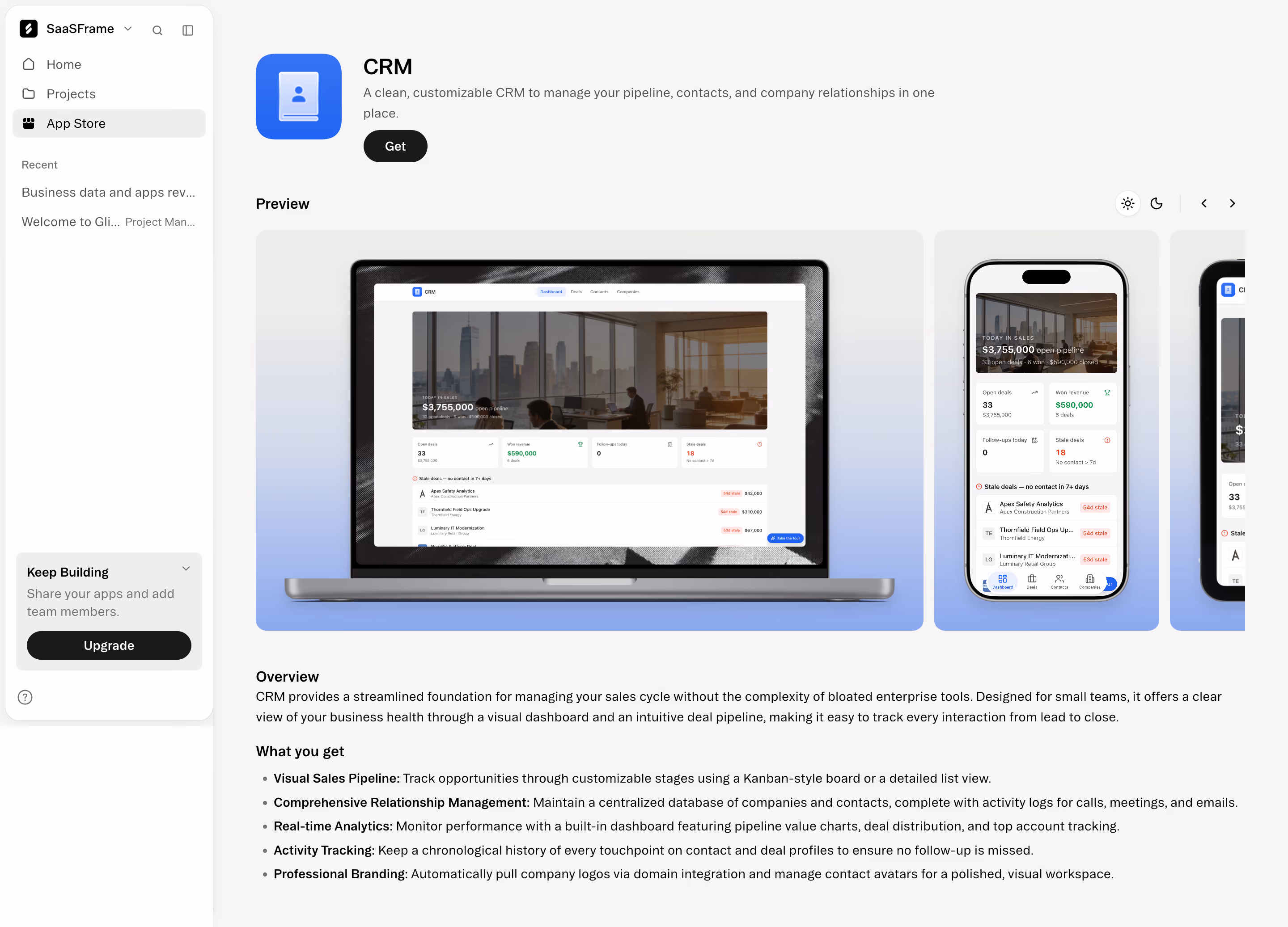 Glide CRM app store listing