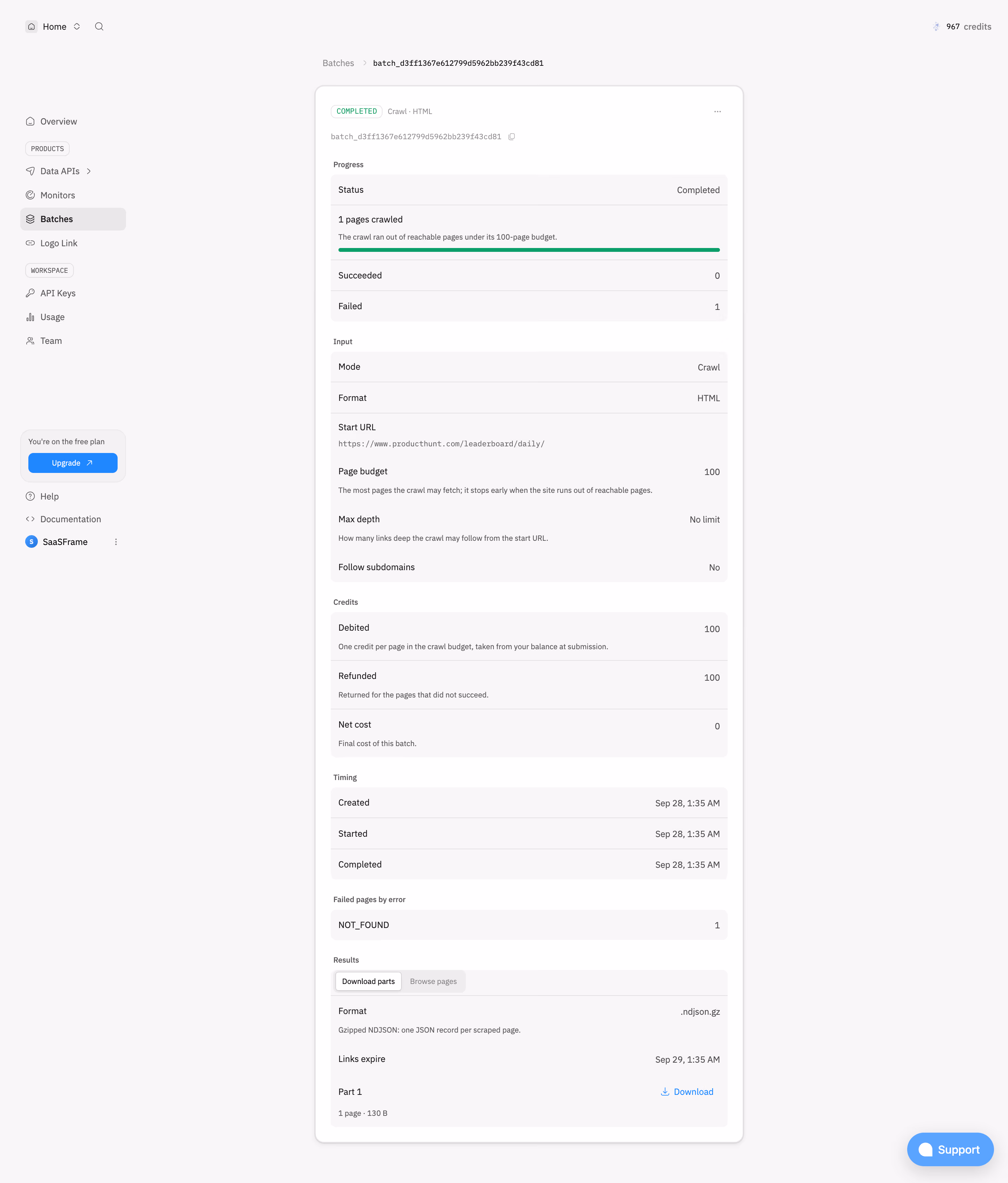 Context.dev API request details