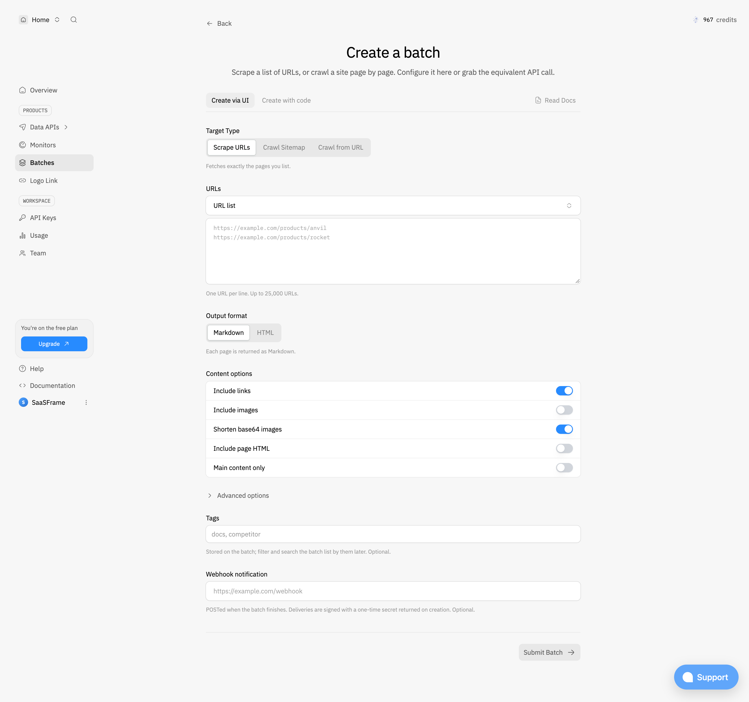 Context.dev Create a batch
