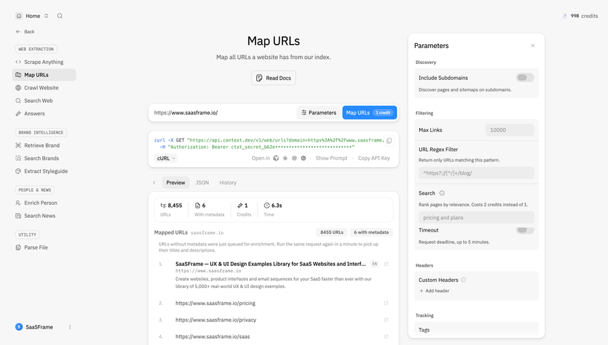 Context.dev Map URLs results