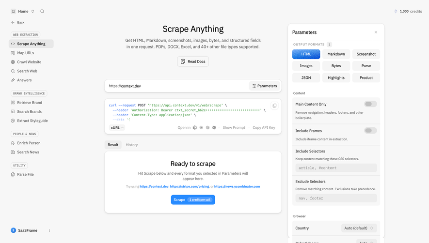 Context.dev Scrape Anything settings