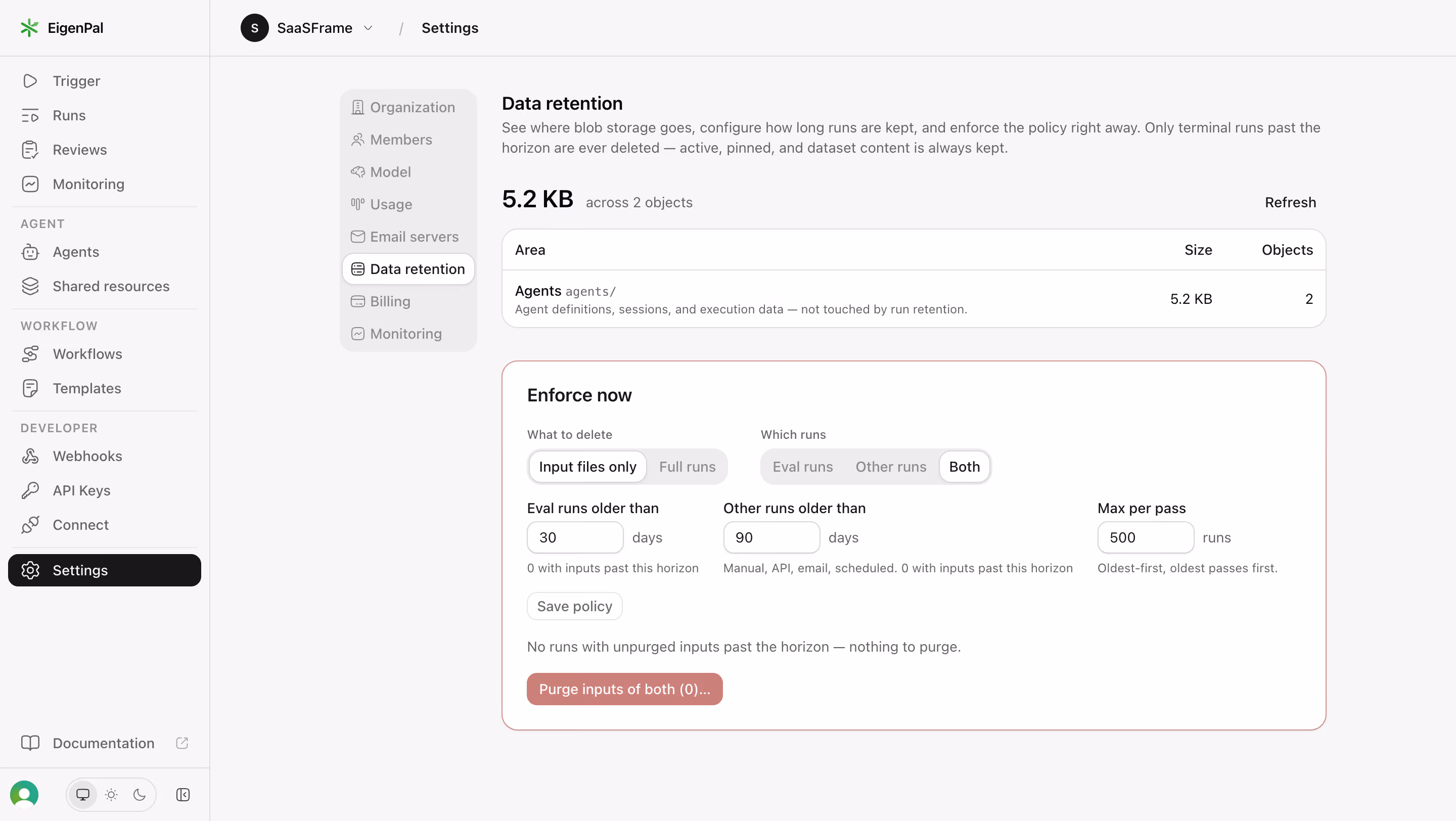 EigenPal Data retention settings