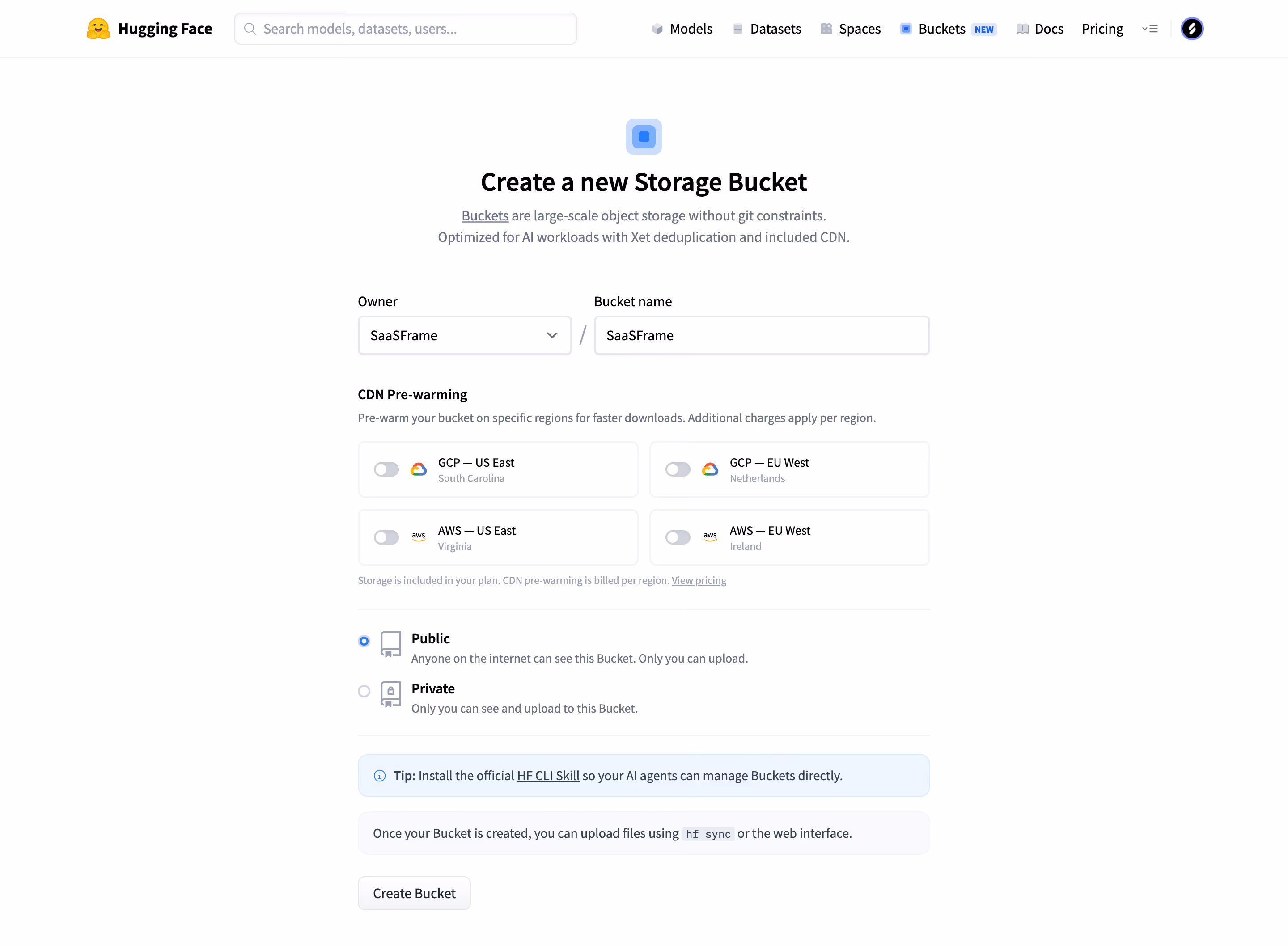 Hugging Face Create a storage bucket