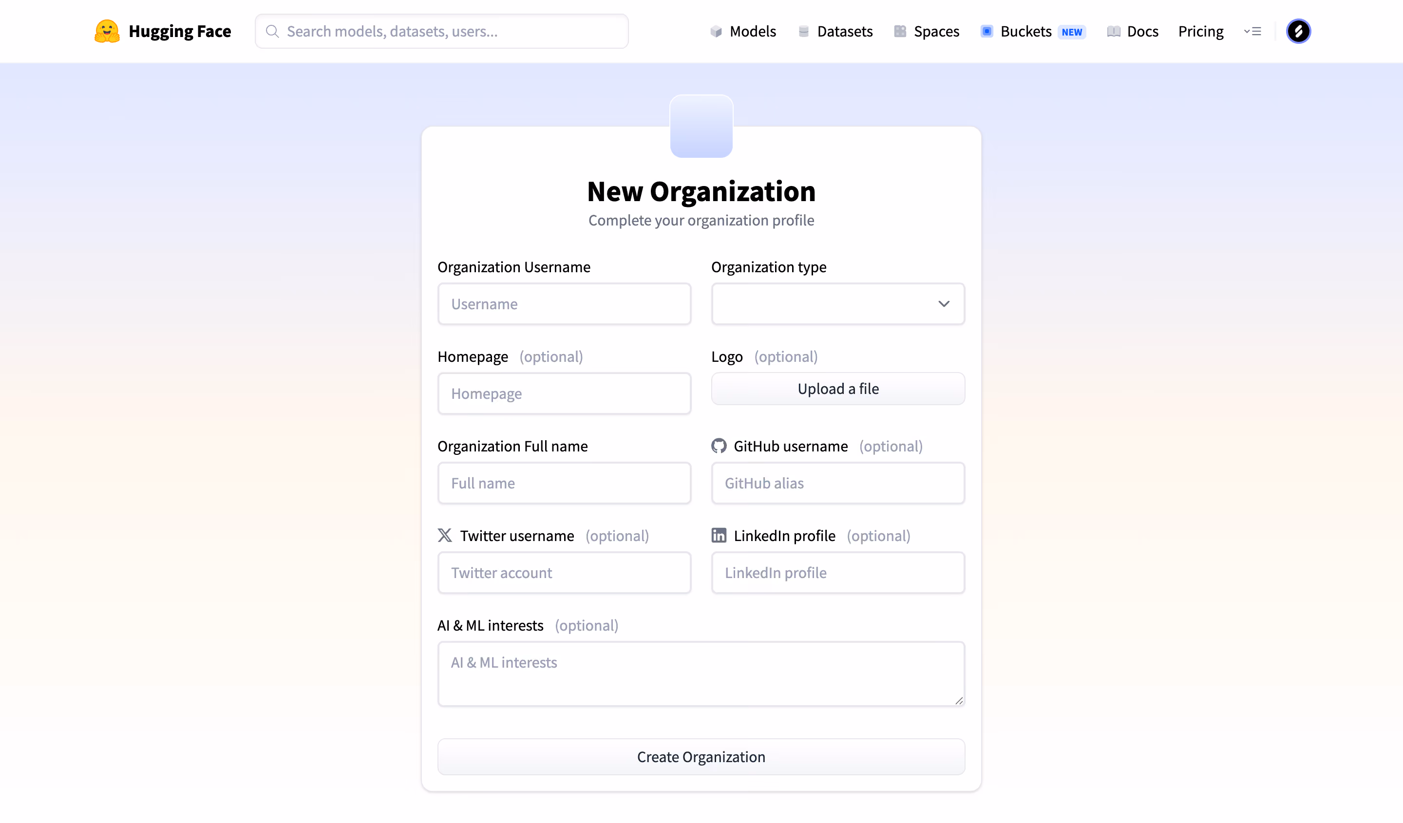 Hugging Face Create an organization