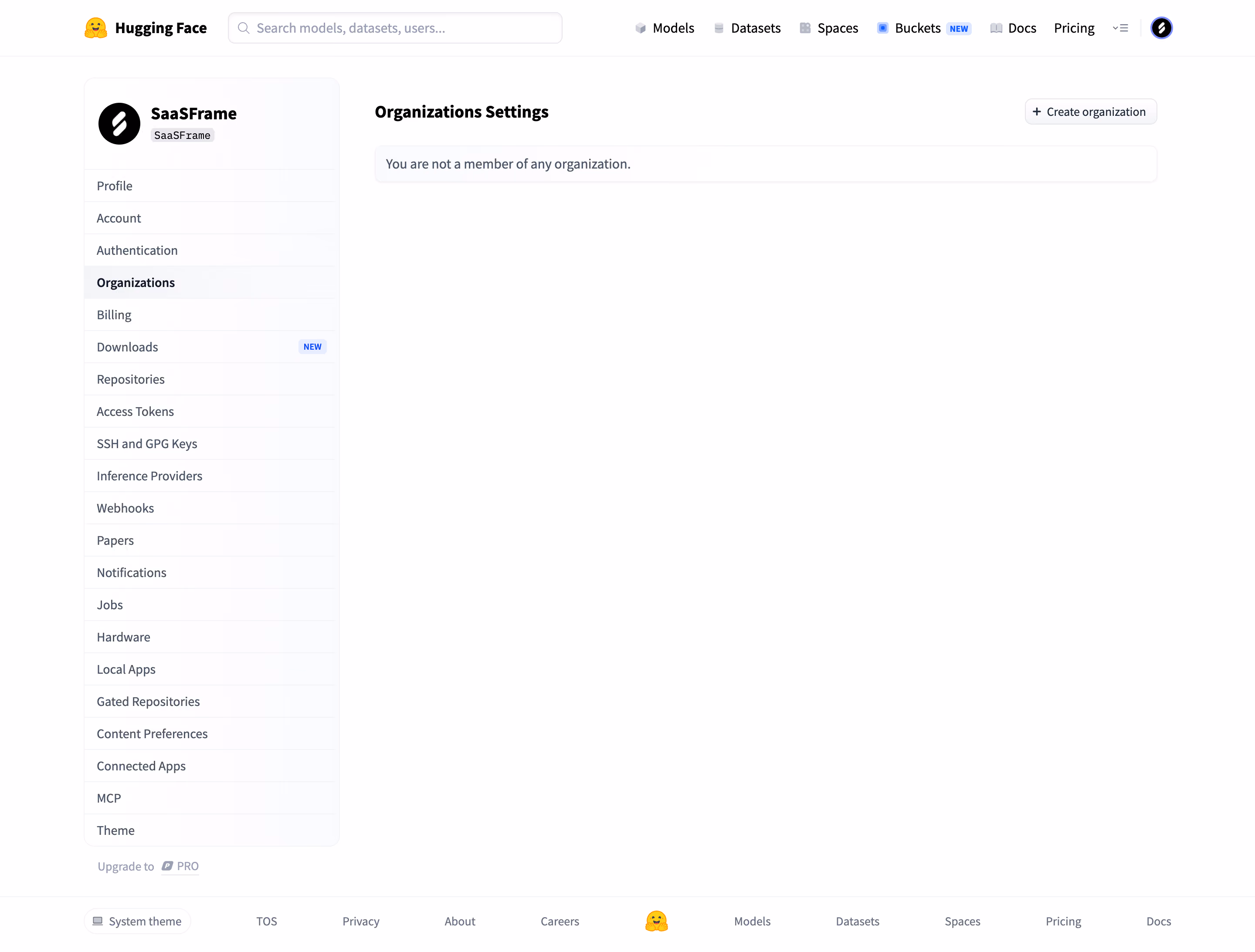 Hugging Face Organization settings