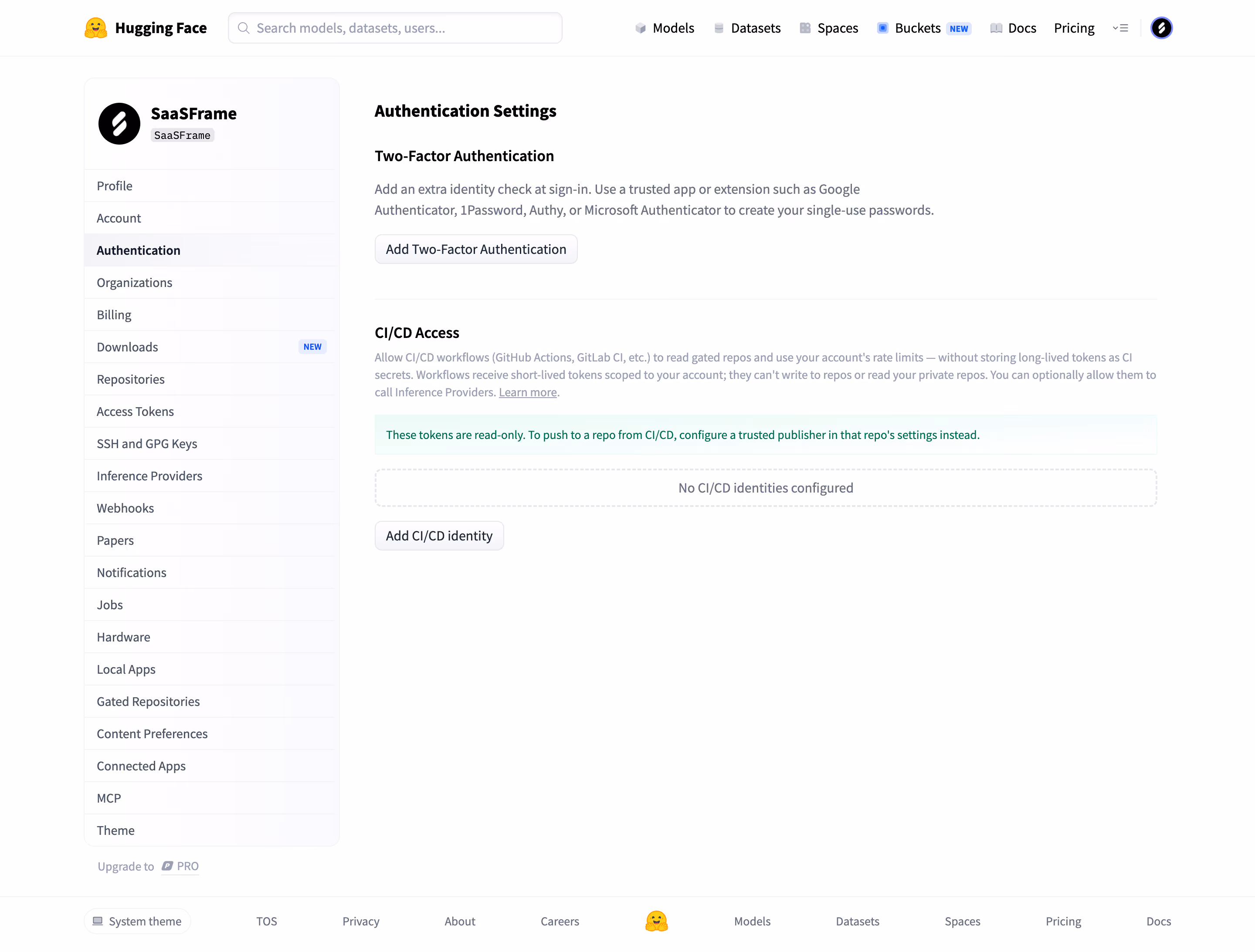 Hugging Face Authentication settings
