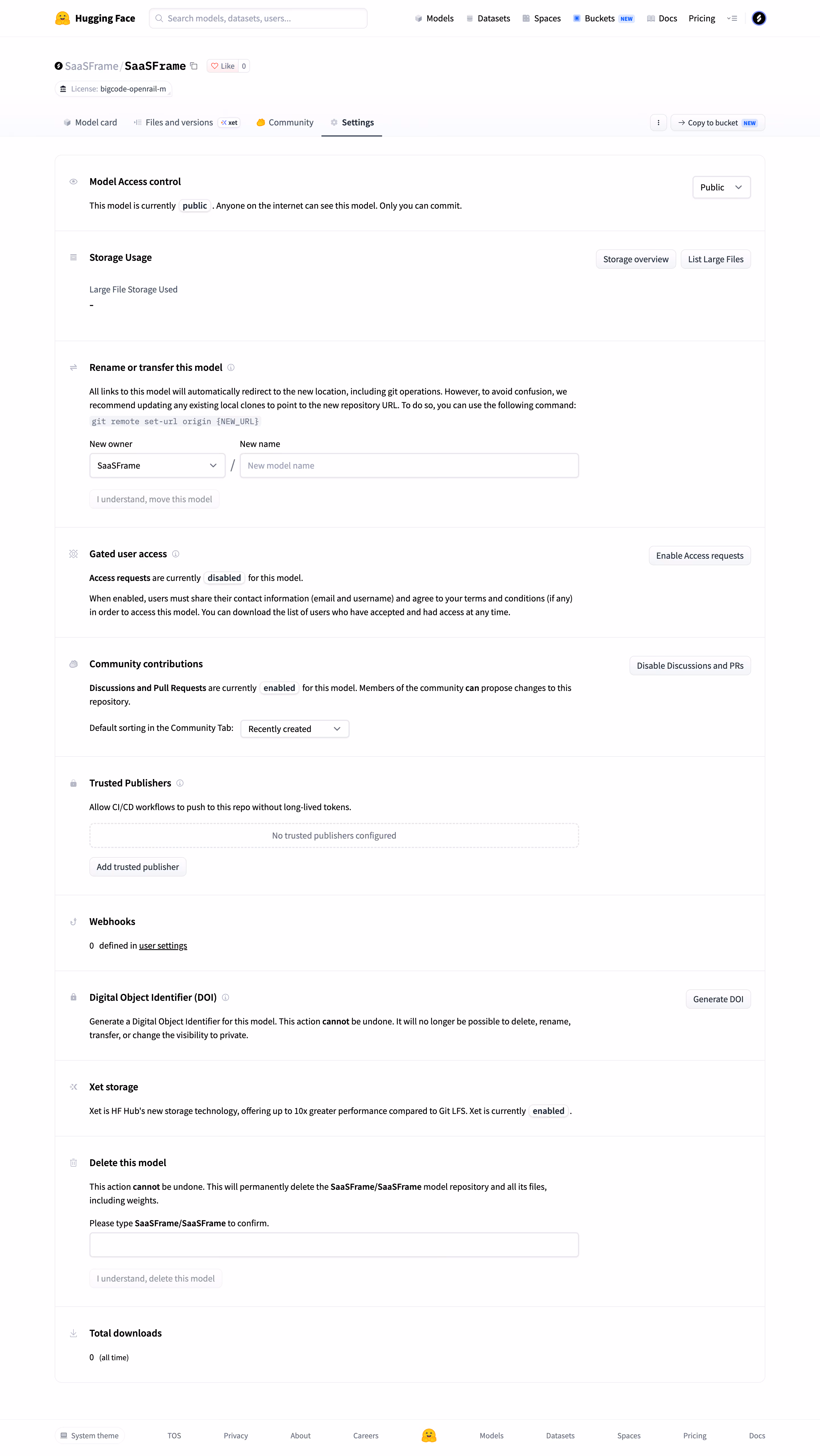Hugging Face Repository advanced settings