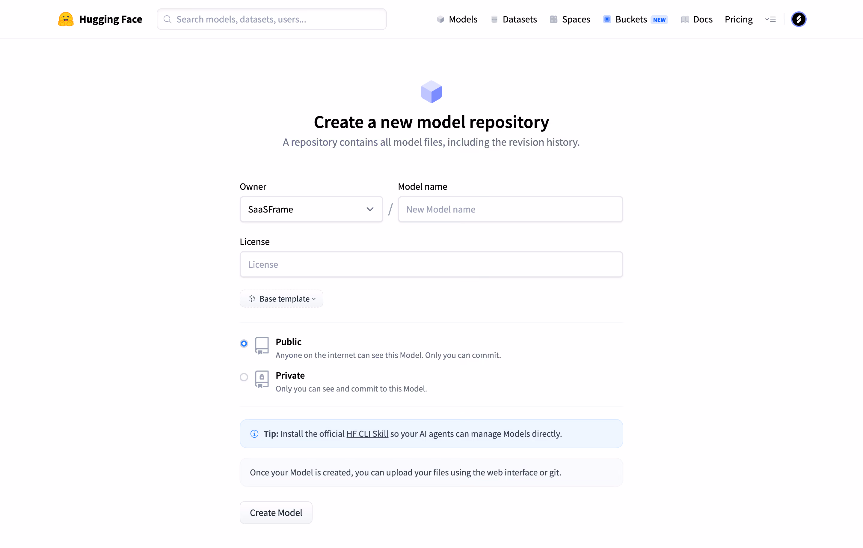 Hugging Face Create a model repository
