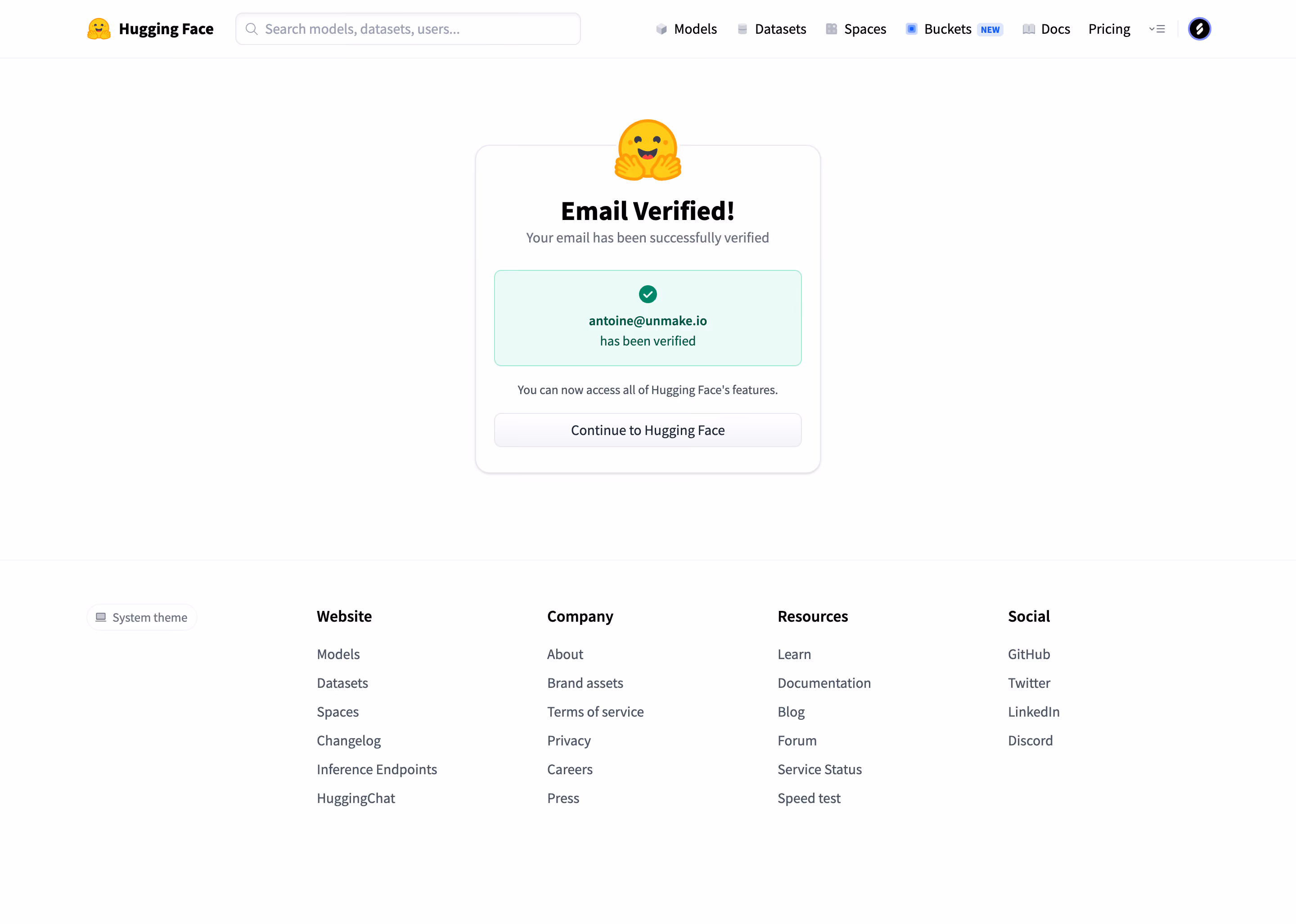 Hugging Face Email verified