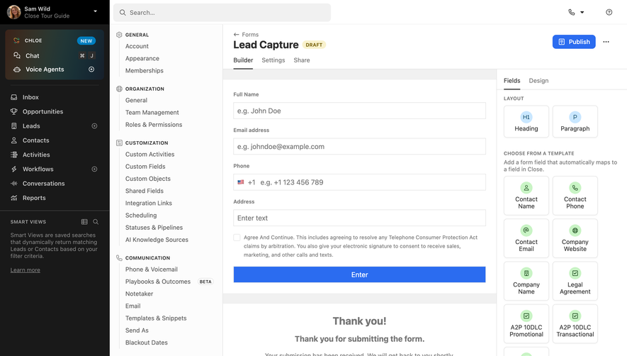 Close Lead capture form editor