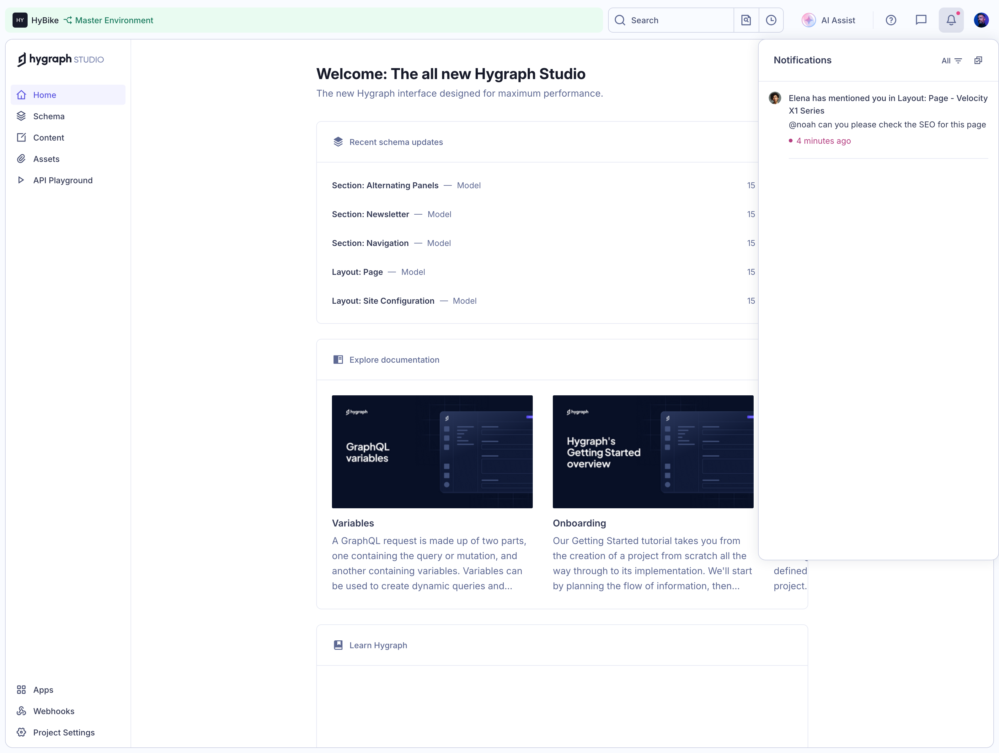 GraphCMS Project dashboard with updates panel