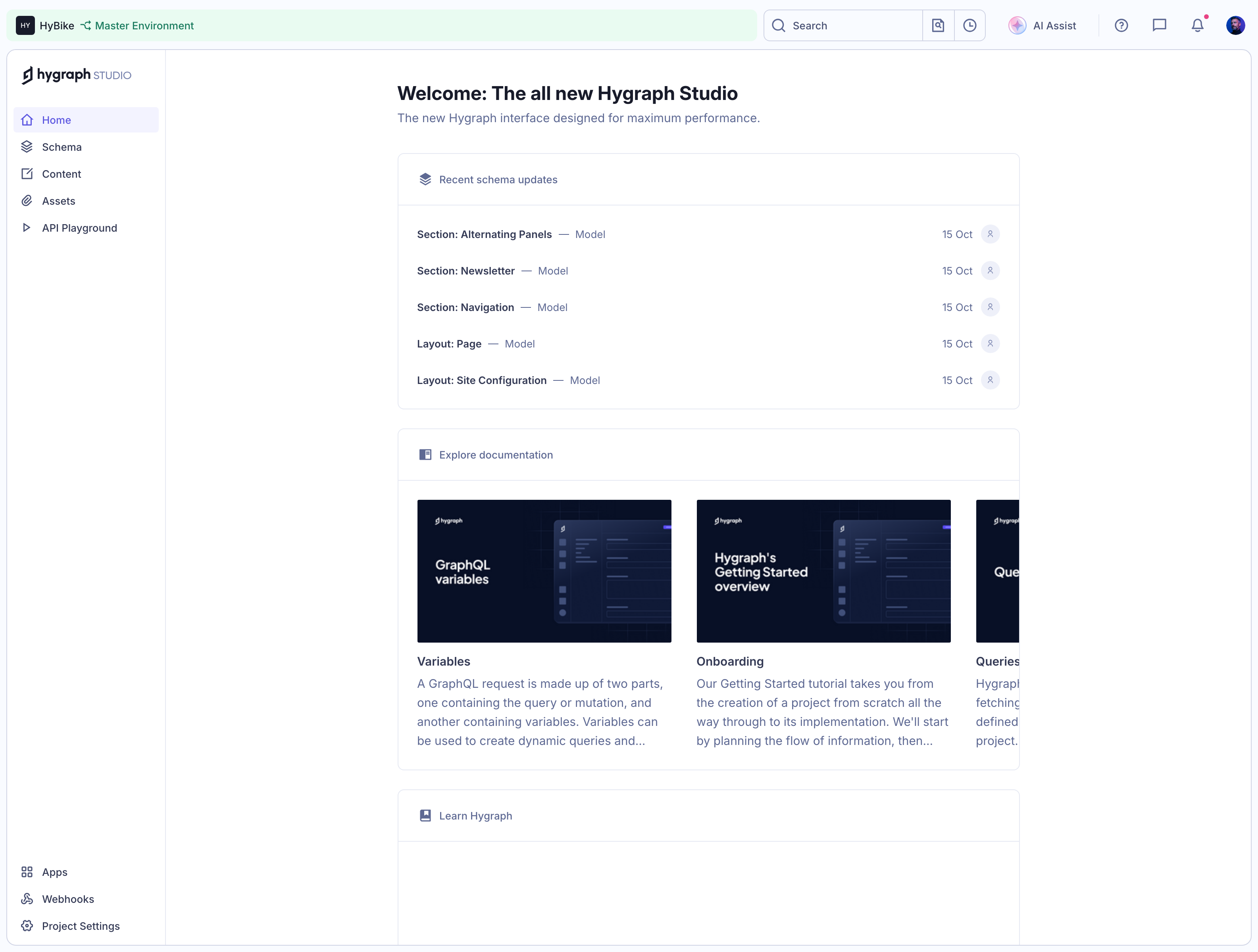 GraphCMS Project welcome dashboard