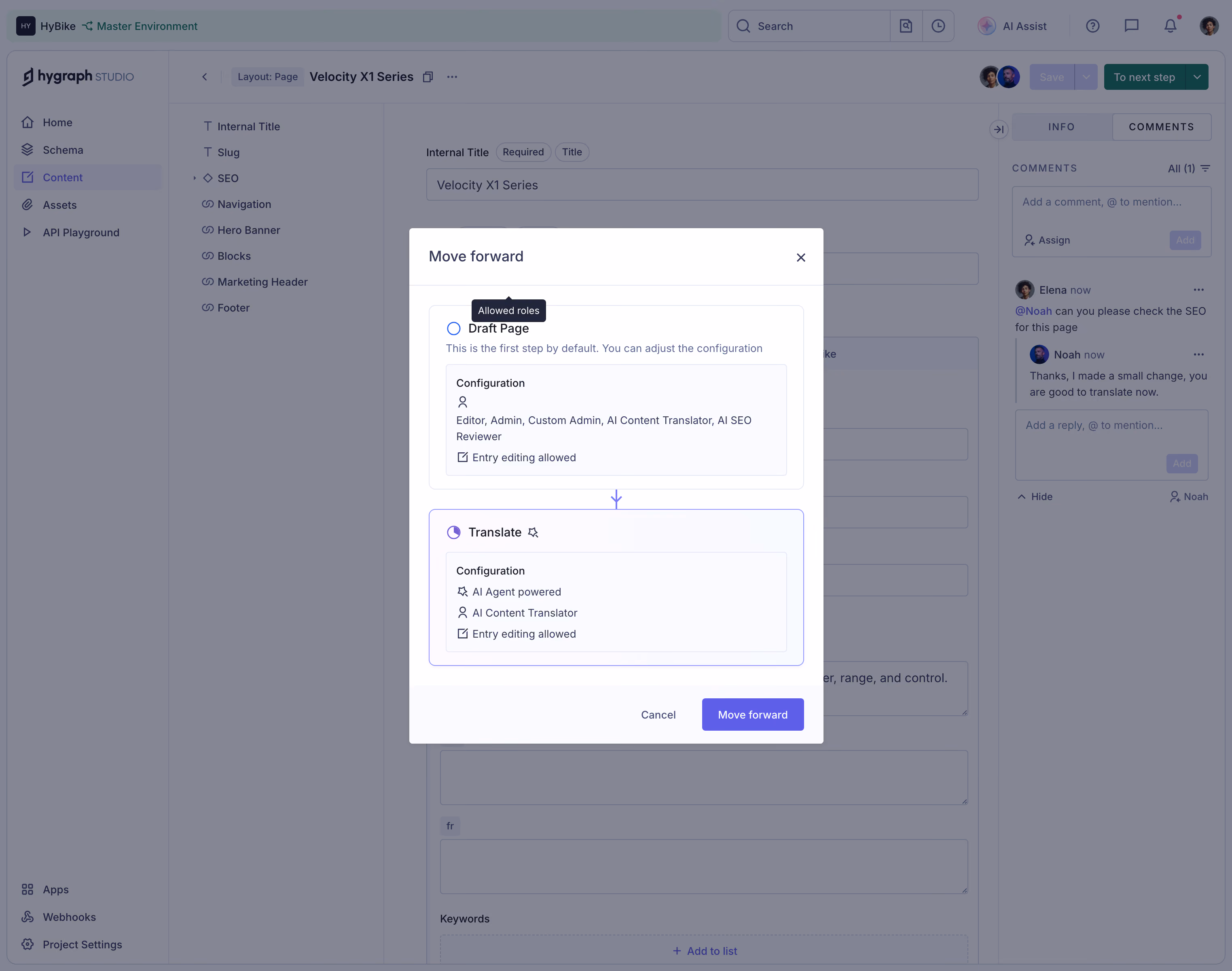 GraphCMS Move content entry modal