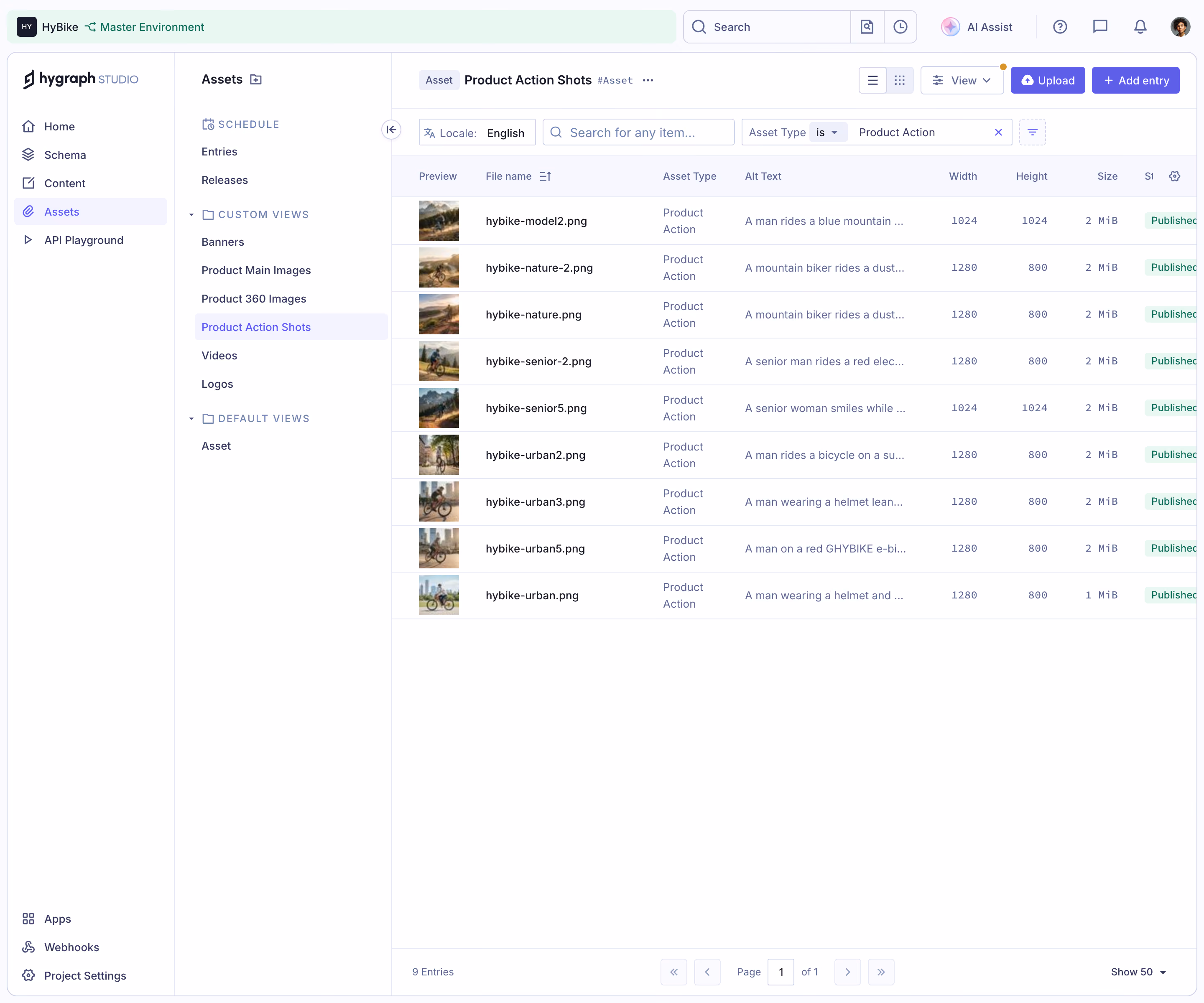 GraphCMS Content entries table