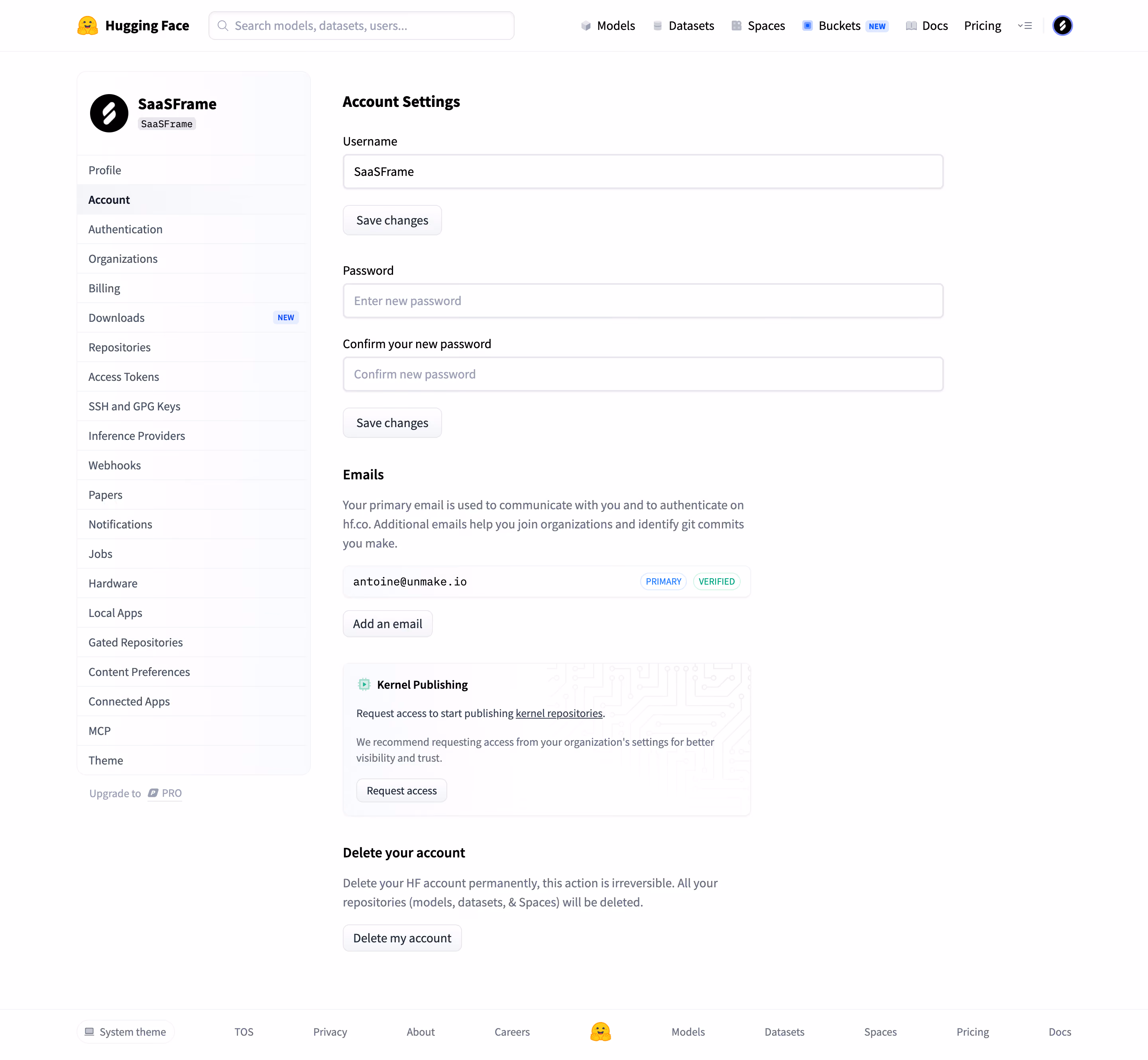Hugging Face Account settings