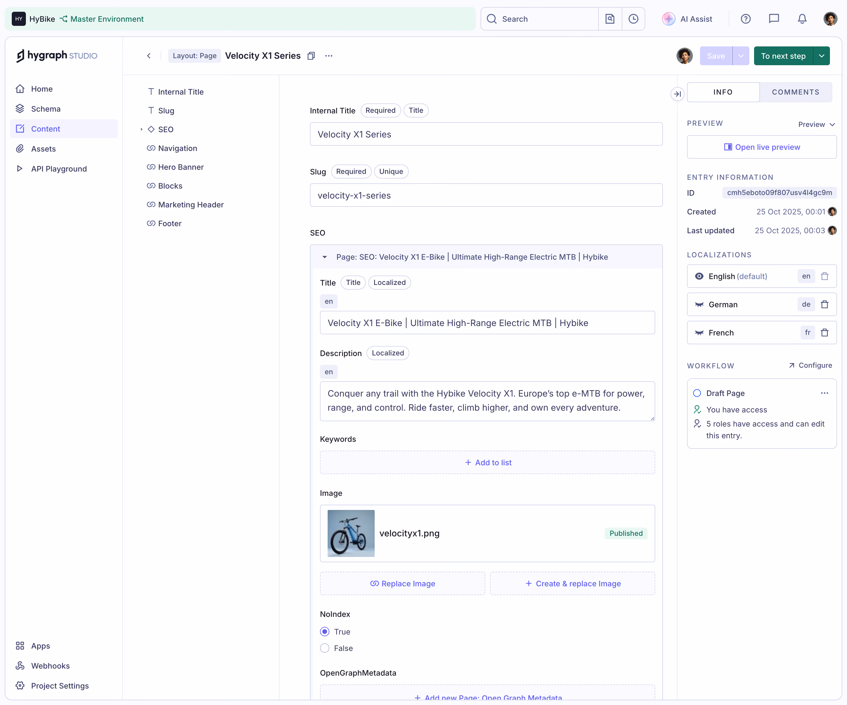 GraphCMS Content entry editor with populated fields