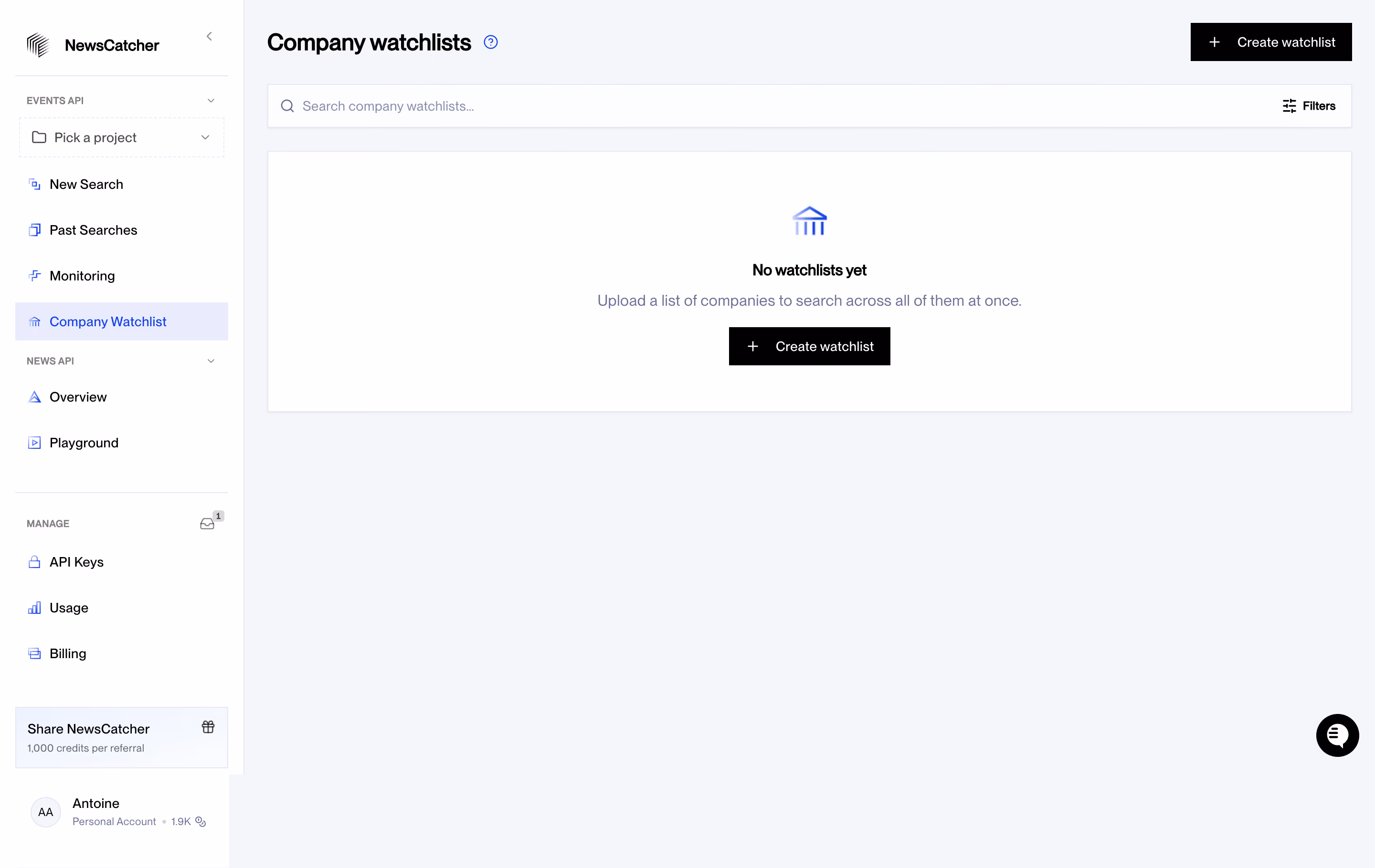 NewsCatcher Company Watchlists