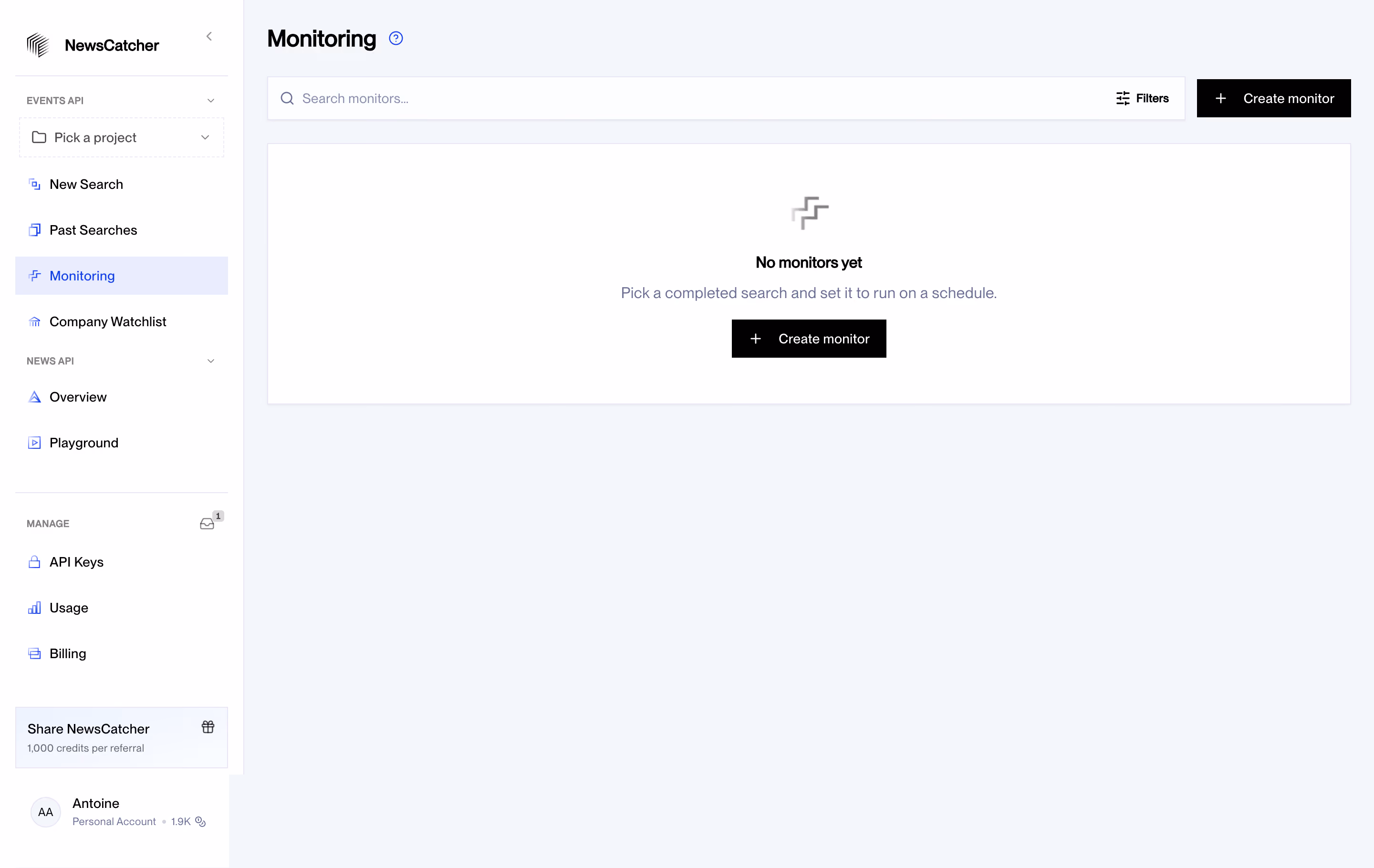 NewsCatcher Empty Monitoring List