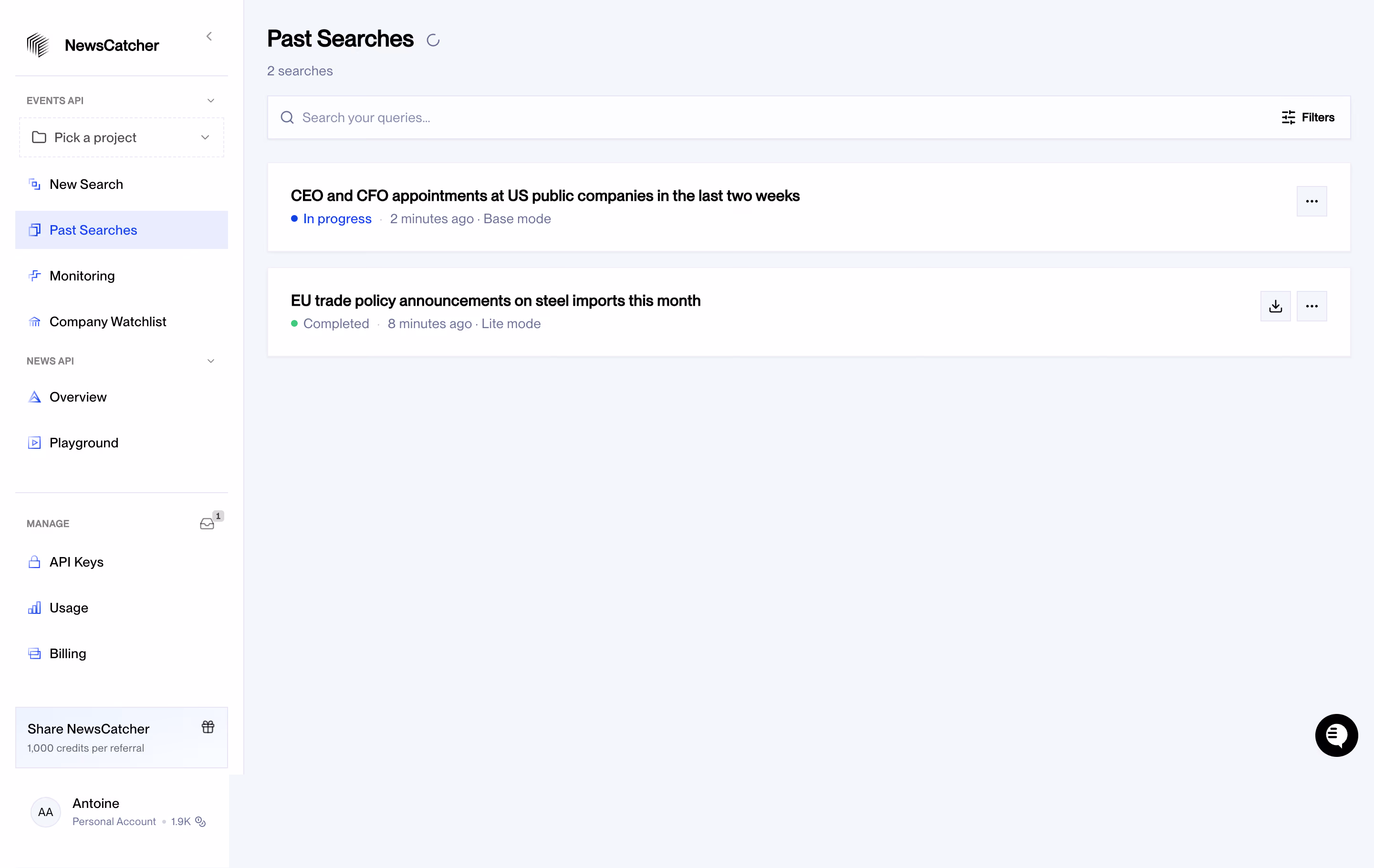 NewsCatcher Past Searches