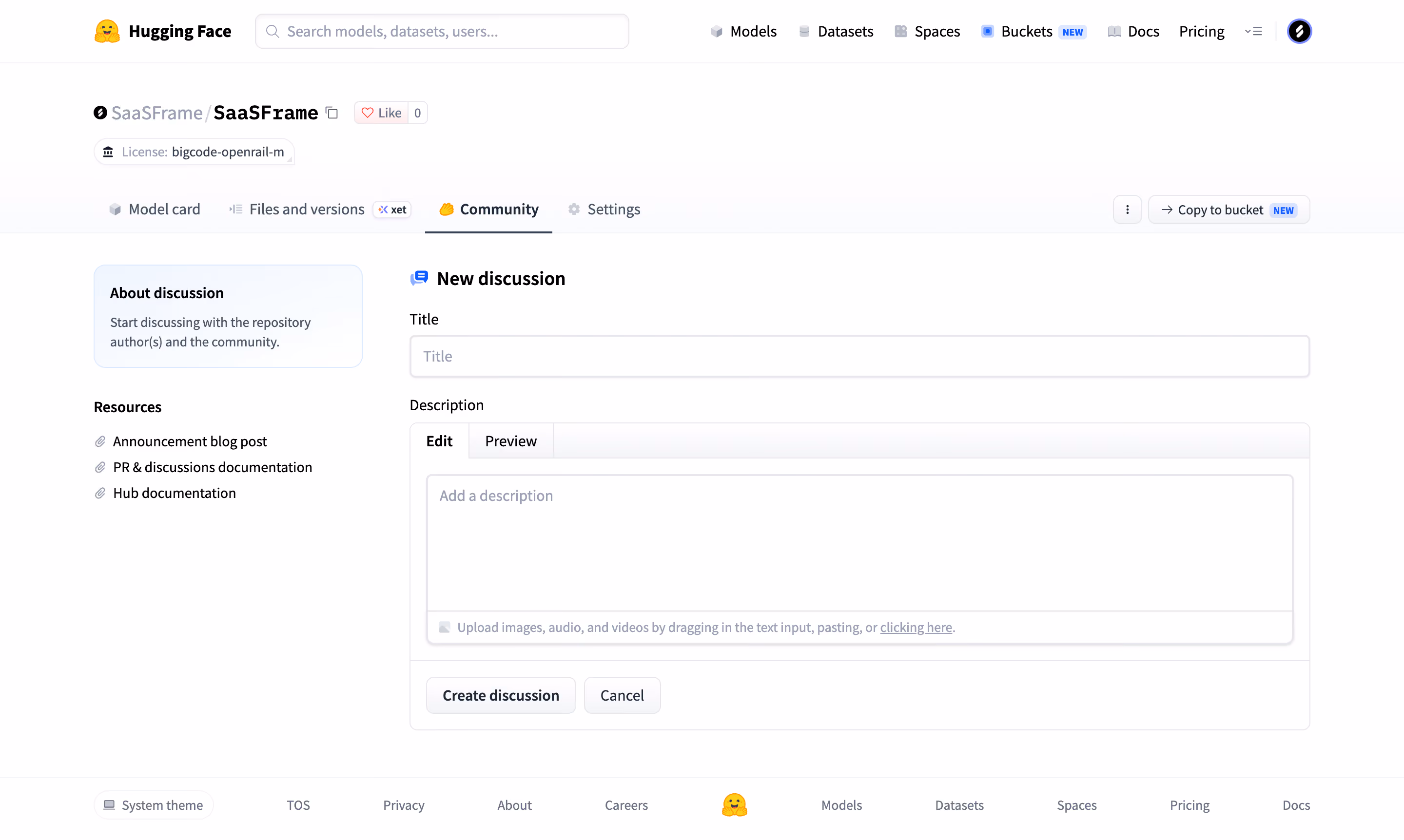 Hugging Face Create a discussion or pull request