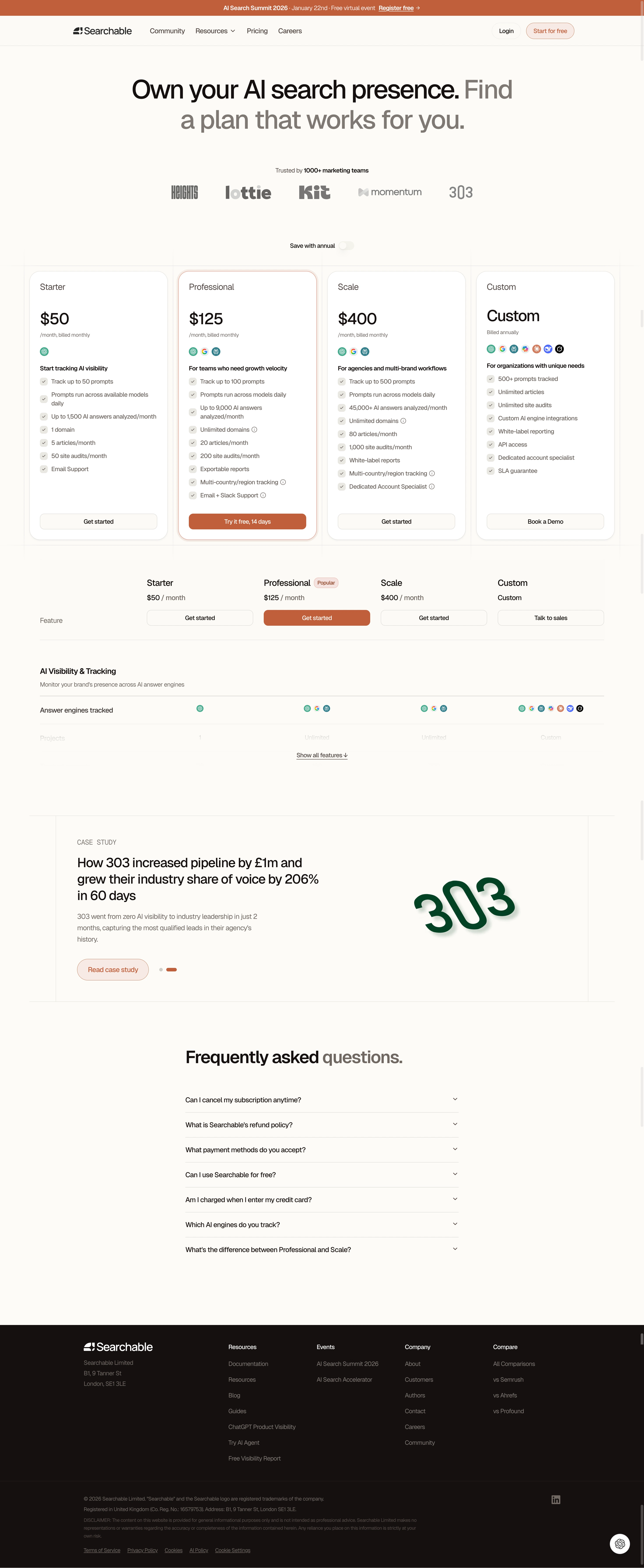 Searchable Pricing Page