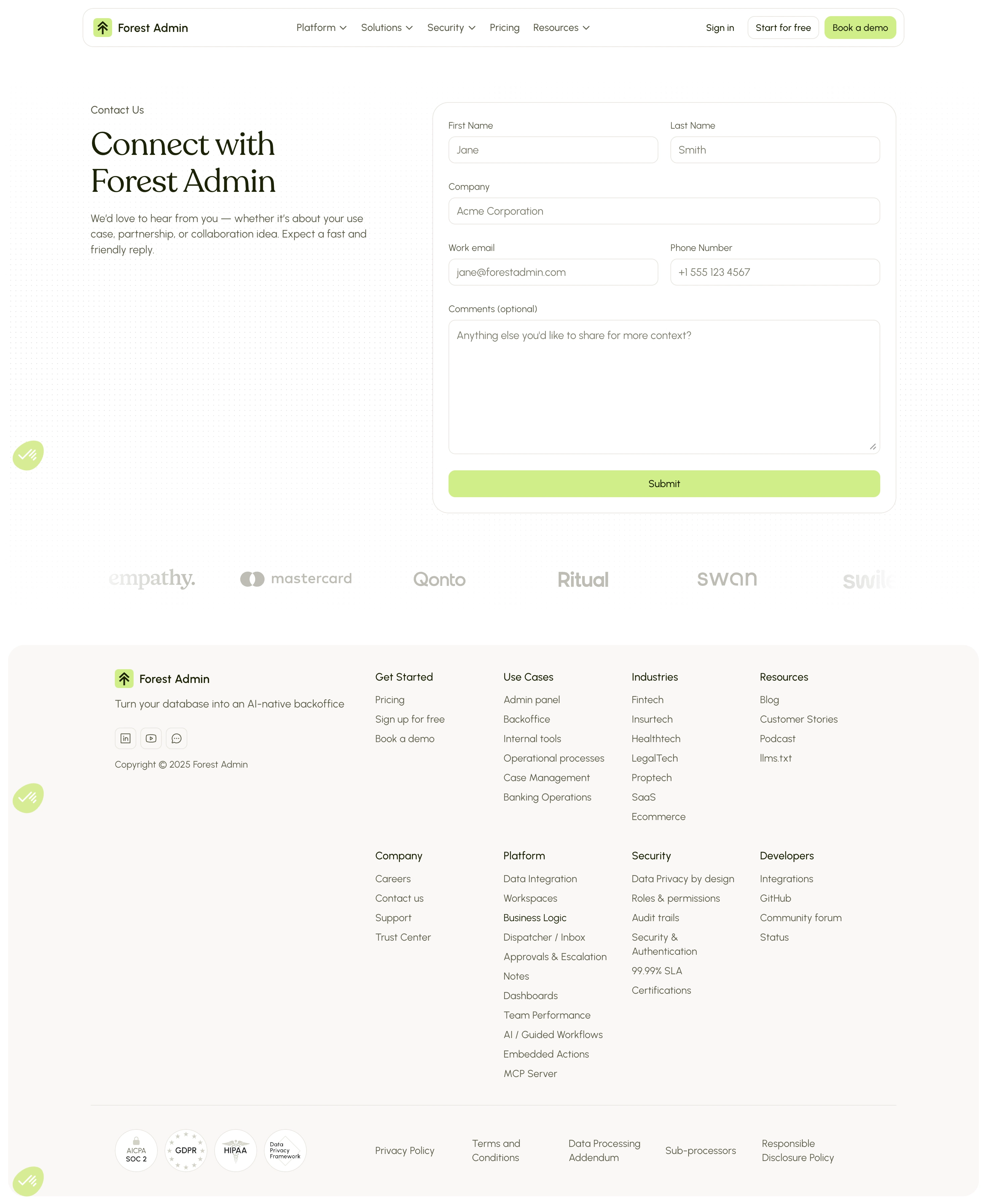 Forest Admin Contact Page