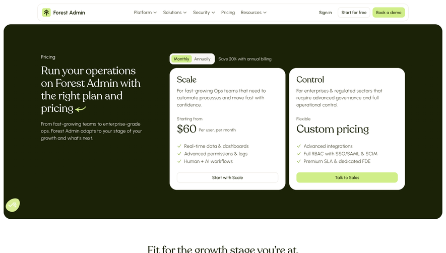 Forest Admin Pricing Page
