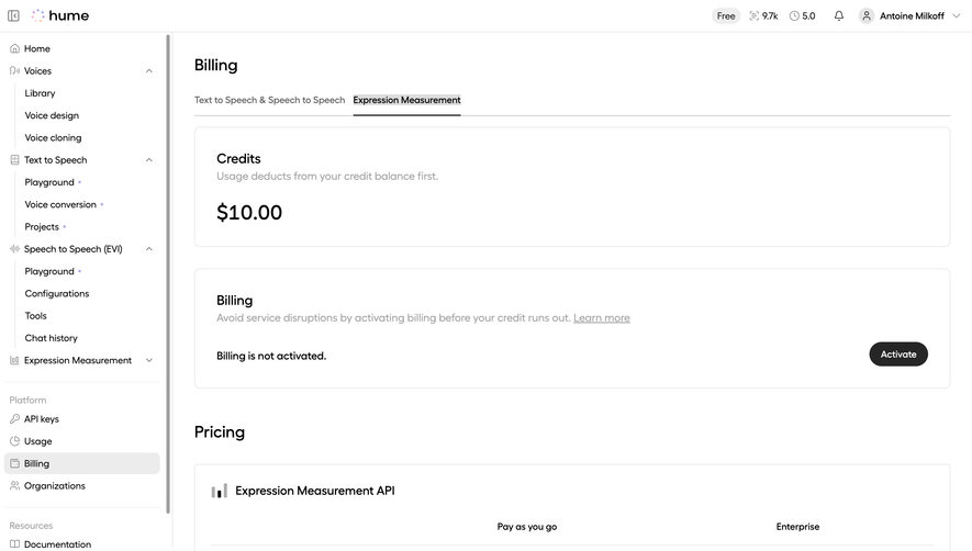 Hume AI Expression Measurement Billing