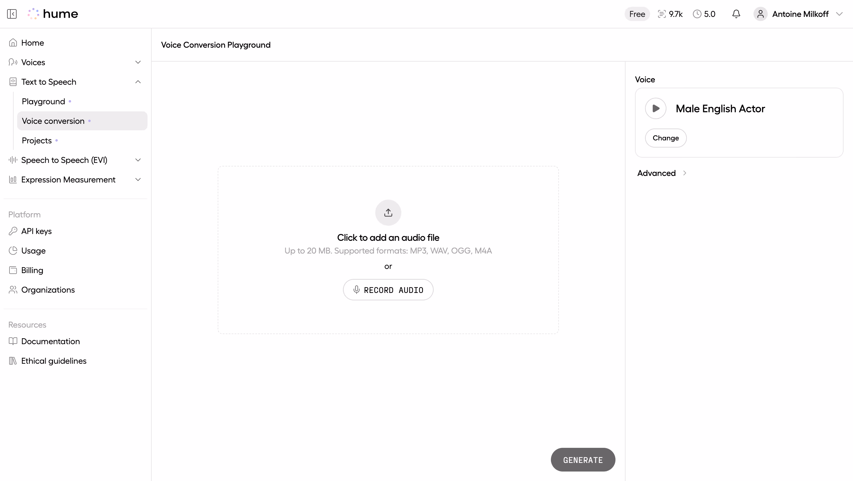 Hume AI Voice Conversion Playground