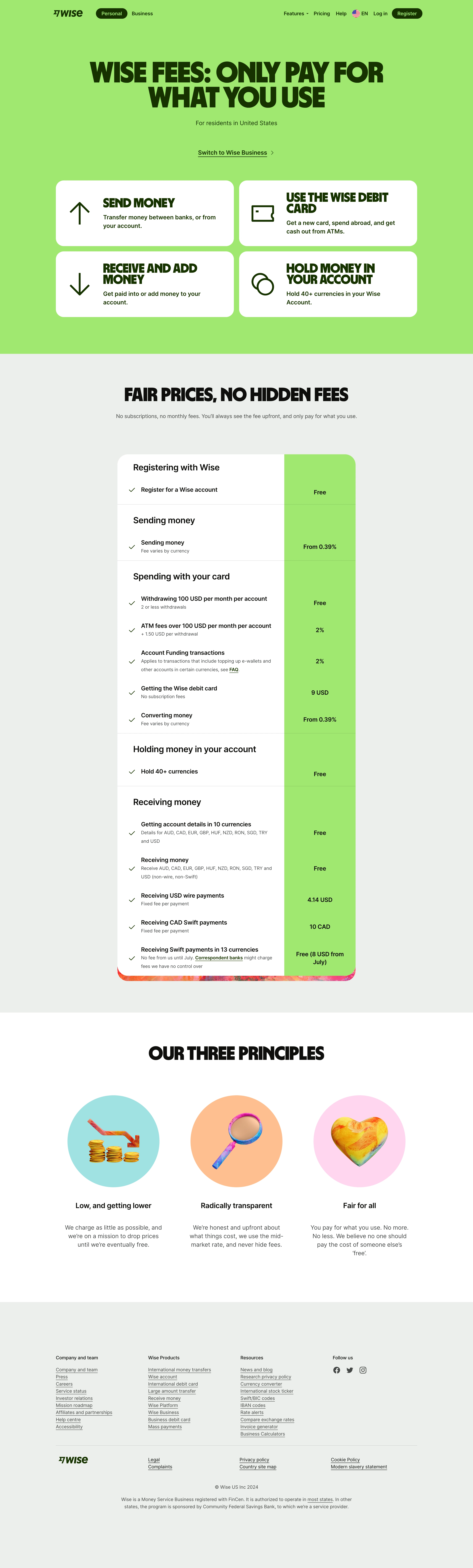 Wise Pricing Page