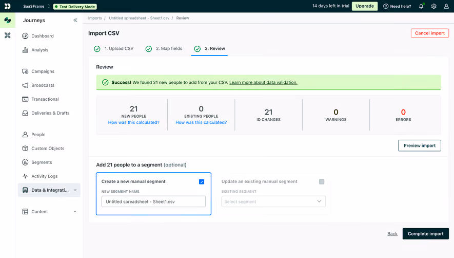 Customer.io CSV Import Review