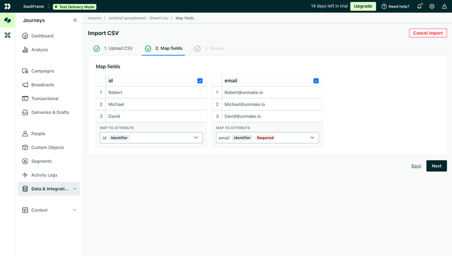 Customer.io Data Import Mapping