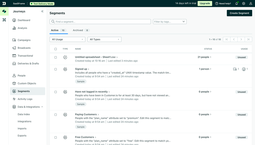 Customer.io Segments Table