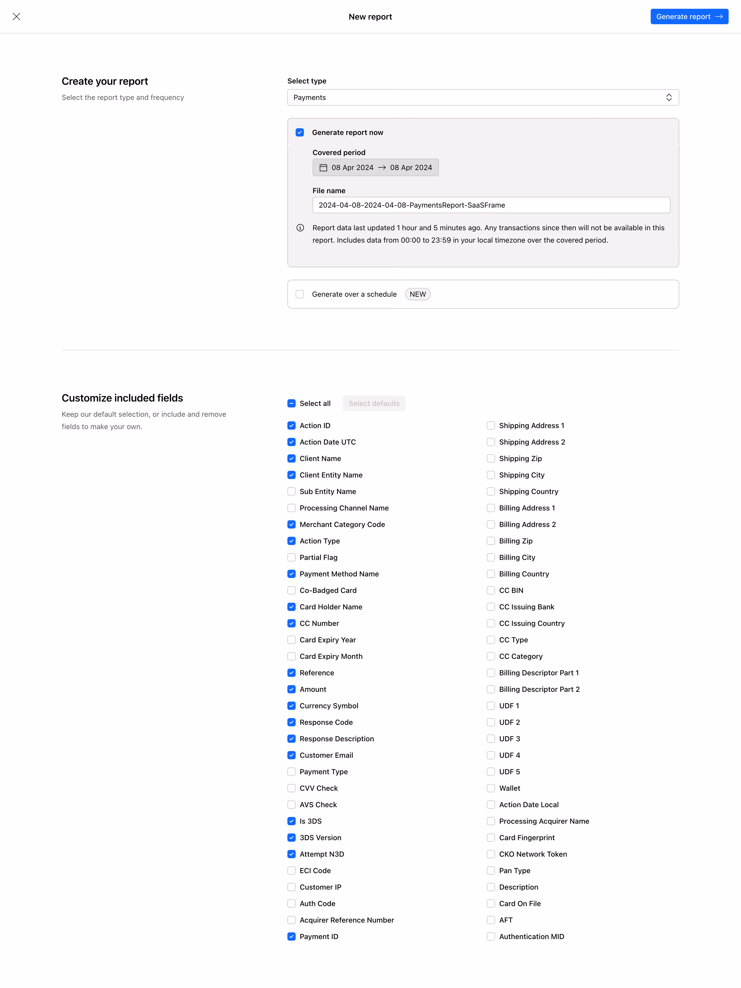 Checkout.com Create New Report