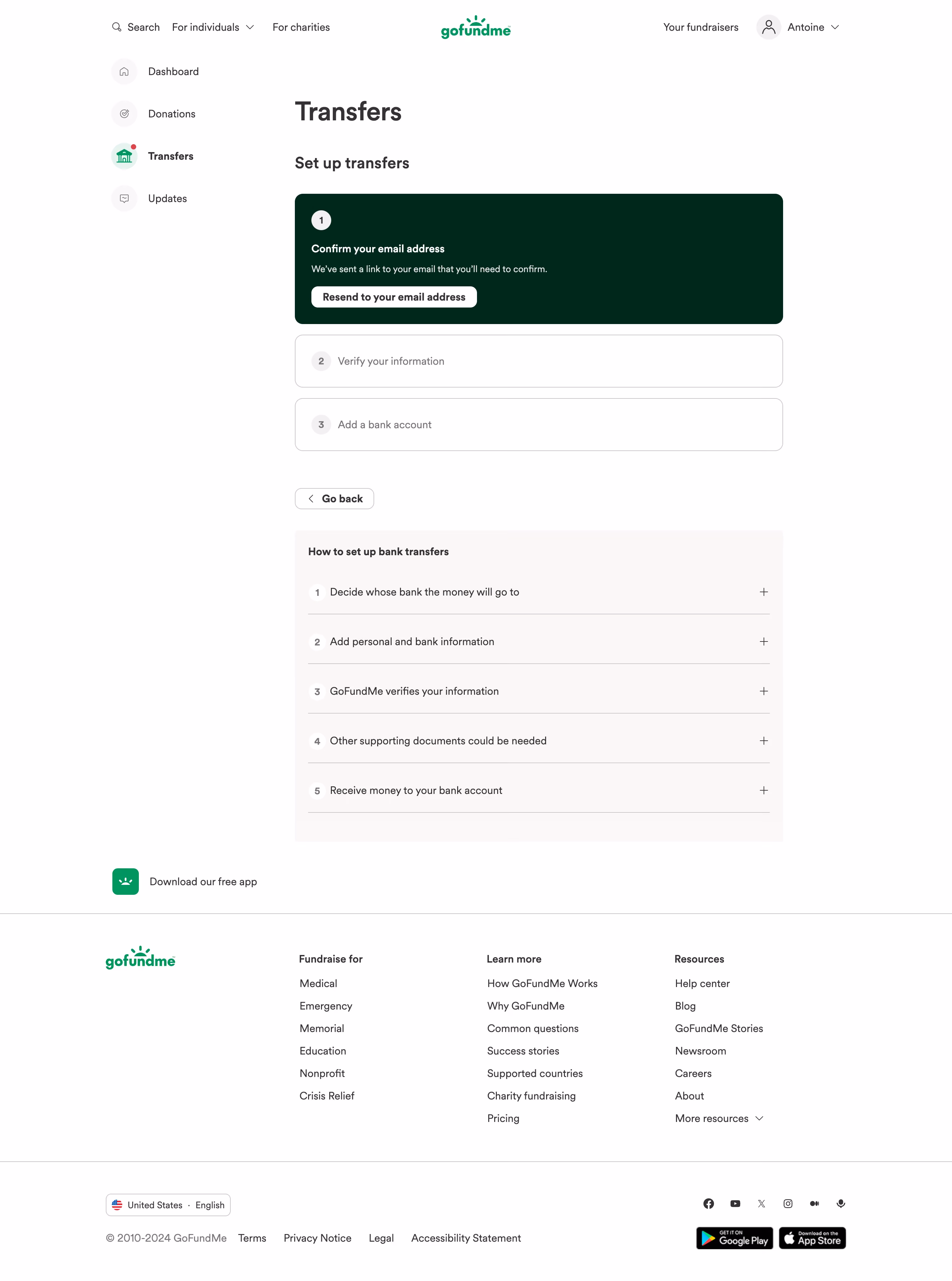 GoFundMe Setup Banking Transfers